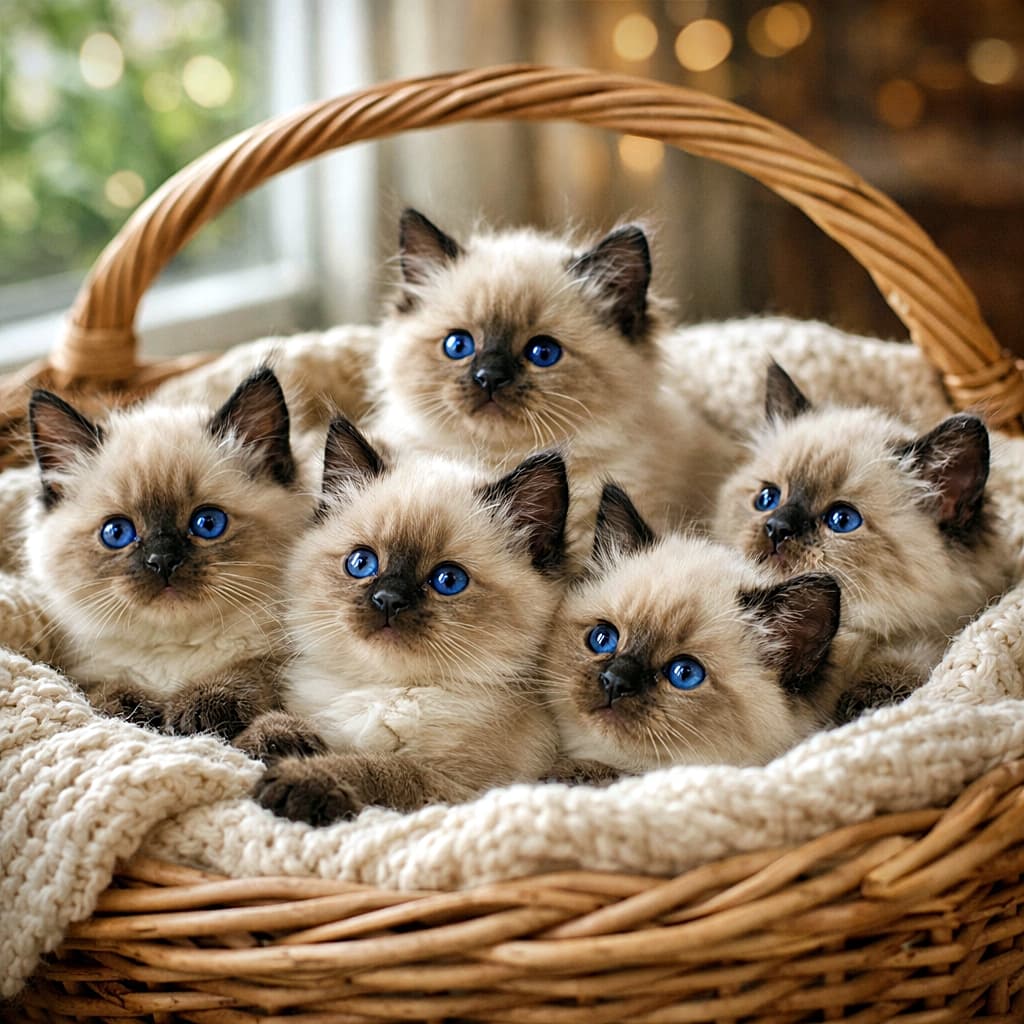 「バスケットの中でぎゅっと寄り添う青い瞳の子猫たち🧺💙見ているだけで心がほっこり♡」Five seal point Birman kittens cuddling together in a wicker basket lined with a soft knitted blanket, with blue eyes glowing in warm natural window light. 柔らかなニットブランケットが敷かれたバスケットの中で、青い瞳のバーマン子猫たちが寄り添っている様子