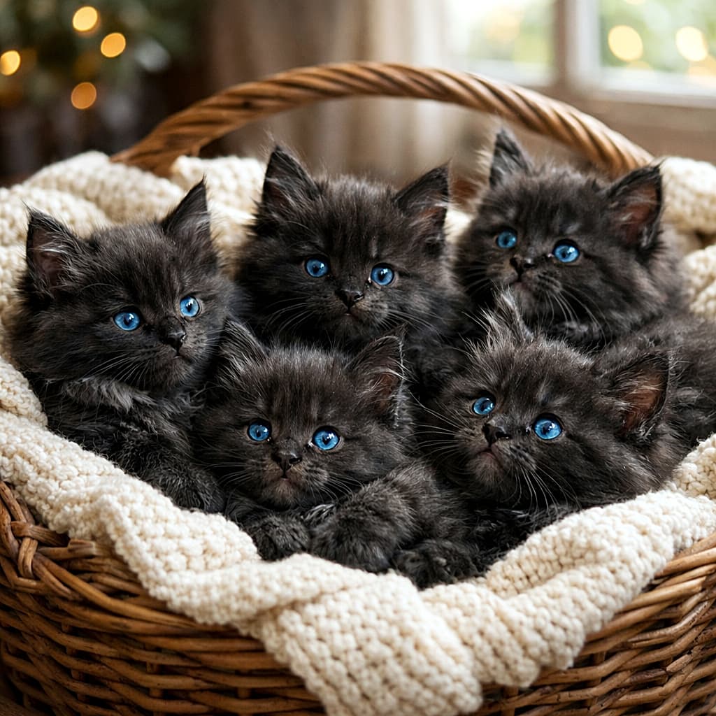 「かごいっぱいに詰まった幸せ…💖ふわふわメインクーン子猫のぬくぬく大集合！」Six black smoke Maine Coon kittens with bright blue eyes cuddling together in a wicker basket with a soft knitted blanket, warm natural light and blurred background 青い瞳のブラックスモークのメインクーンの子猫たちが、柔らかな毛布の敷かれたかごの中で寄り添っている様子