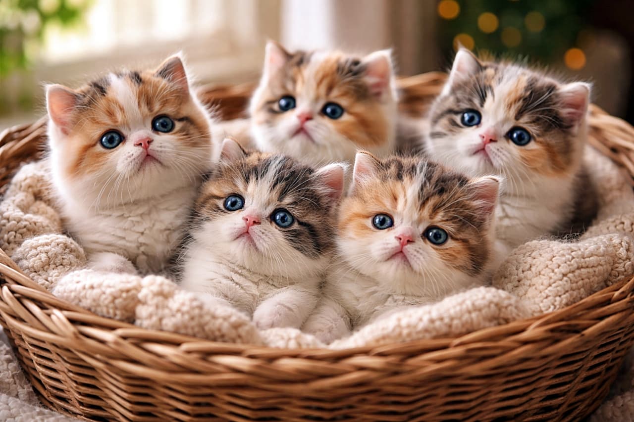 「ぎゅっと寄り添う三毛の宝物たち🐾青い瞳に見つめられて、心までふわっと温まる瞬間💛」Five Exotic Shorthair calico kittens cuddling together in a wicker basket, wrapped in a soft knitted blanket, with wide blue eyes and gentle natural window light. 柔らかなニットのブランケットを敷いた籐のバスケットで、寄り添ってくつろぐエキゾチックショートヘアの三毛子猫たち。青い瞳が印象的な、やさしい自然光の写真