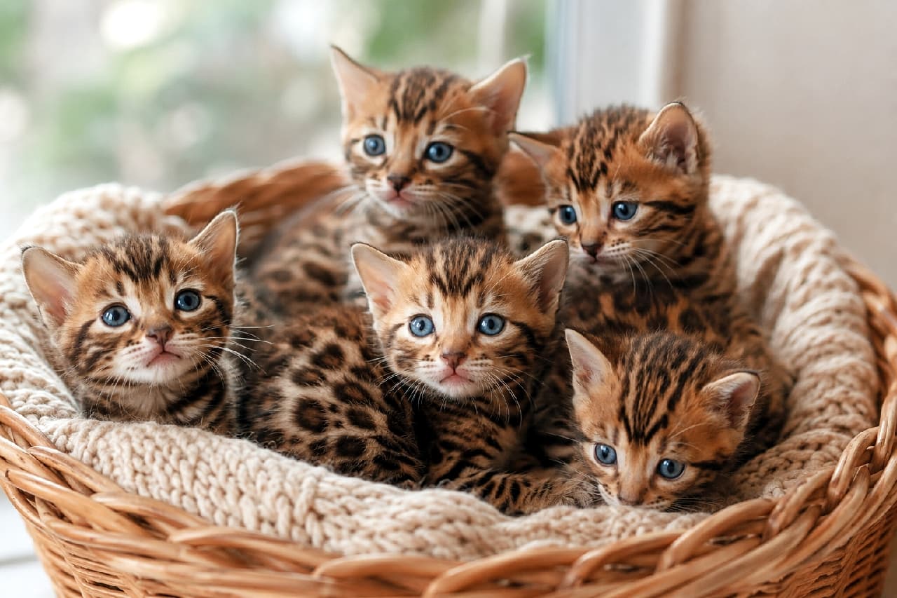 「小さなヒョウたちがカゴに大集合!🐆 ワイルドなロゼット柄と、あどけない瞳のギャップに胸キュン間違いなし💖 元気いっぱいなベンガル子猫たちです🐾 #ベンガル #猫のいる暮らし #子猫の魅力」An ultra-realistic high-quality photograph of five Bengal kittens with rosette patterns gathered on a soft knit blanket in a wicker basket. They showcase striking wild leopard-like spots on their short coat and sparkling blue eyes, looking around with intense curiosity and active expressions. 籐のカゴの中で柔らかなニット毛布に集まる、ベンガルのロゼット柄の子猫5匹のリアルな写真。野生的な美しいヒョウ柄(ロゼット)の短毛と、きらきらとしたブルーの瞳のギャップが印象的で、ピンと立った耳で好奇心たっぷりに周りを見渡しています