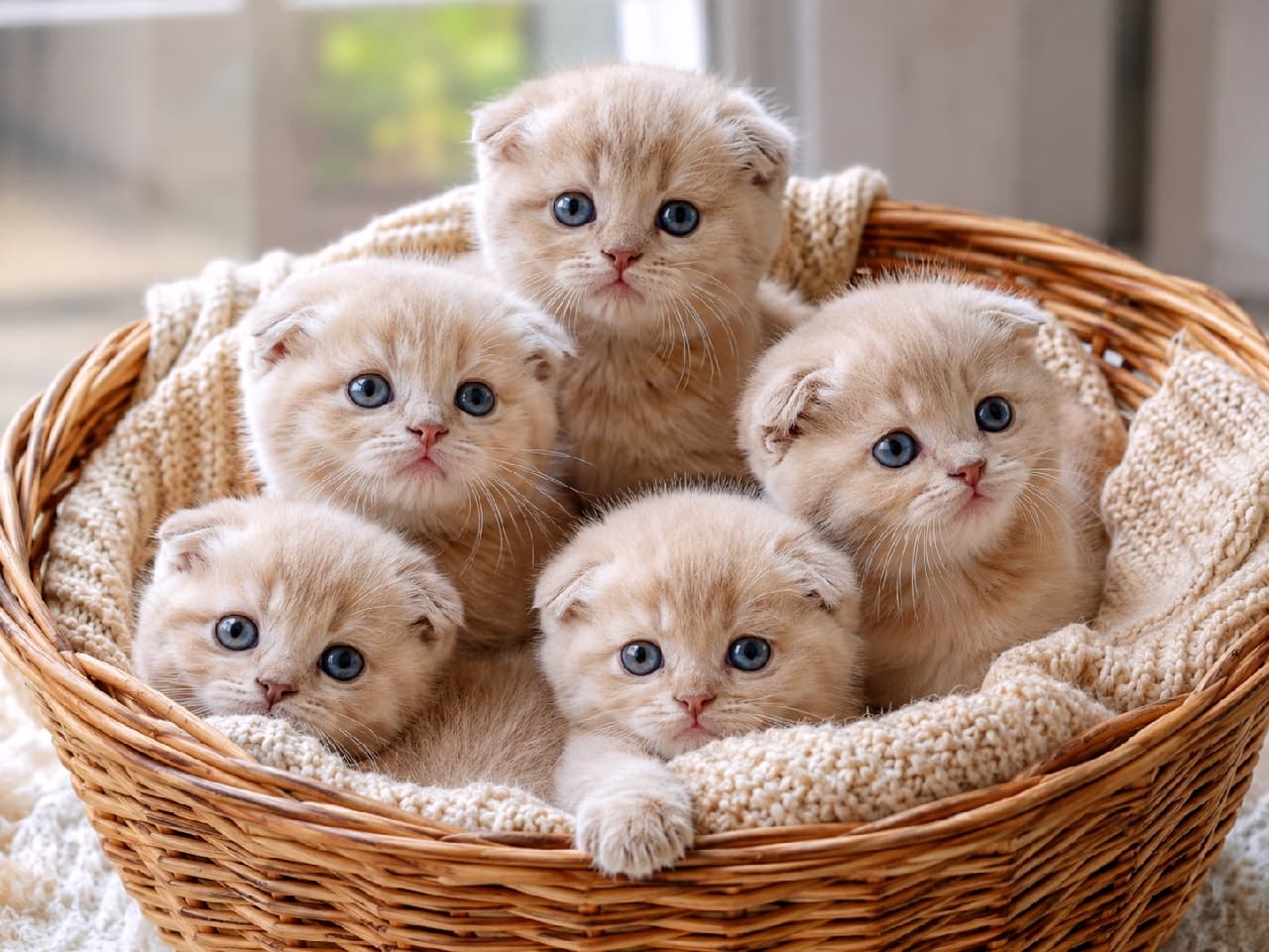 「奇跡のモフモフ折れ耳ちゃん大集合!とろけるクリームカラーの子猫たちに癒やされていってね🍮 #スコティッシュフォールド #猫写真」An ultra-realistic high-quality photograph of five cream-colored Scottish Fold style kittens with adorable folded ears sitting in a woven basket with a soft blanket. They feature round blue eyes and innocent expressions under warm indoor lighting. 籐のカゴに敷かれた白い毛布の中から顔を覗かせる、スコティッシュフォールド風のクリーム色(アプリコット)の垂れ耳子猫5匹のリアルな写真。真ん丸なブルーの瞳と、ちょこんとした折れ耳が特徴的で、暖かな室内光の中で無垢でピュアな表情を浮かべています