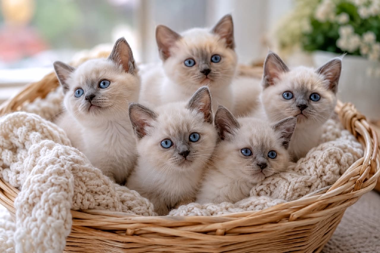 「淡雪みたいなライラックポイントのシャム猫ちゃんたち☁️🩵 サファイアブルーの瞳に見つめられたらもう胸キュン💘 #シャム猫 #子猫 #猫だんご #猫のいる暮らし #子猫の魅力」An ultra-realistic high-quality photograph of five Siamese lilac point kittens in a woven basket in a sunlit room. They display snow-white fluffy fur with delicate pale pinkish-gray (lilac) points and striking sapphire blue eyes, exhibiting pure and innocent expressions towards the camera. 柔らかな日差しが差し込む部屋で、編みカゴの中に集まるサイアミーズ(ライラックポイント)の子猫5匹のリアルな写真。雪のように白くふわふわの被毛に、鼻先や耳にある淡いピンクグレー(ライラック)のポイントカラーが美しく、印象的なサファイアブルーの瞳でイノセントな表情を浮かべています