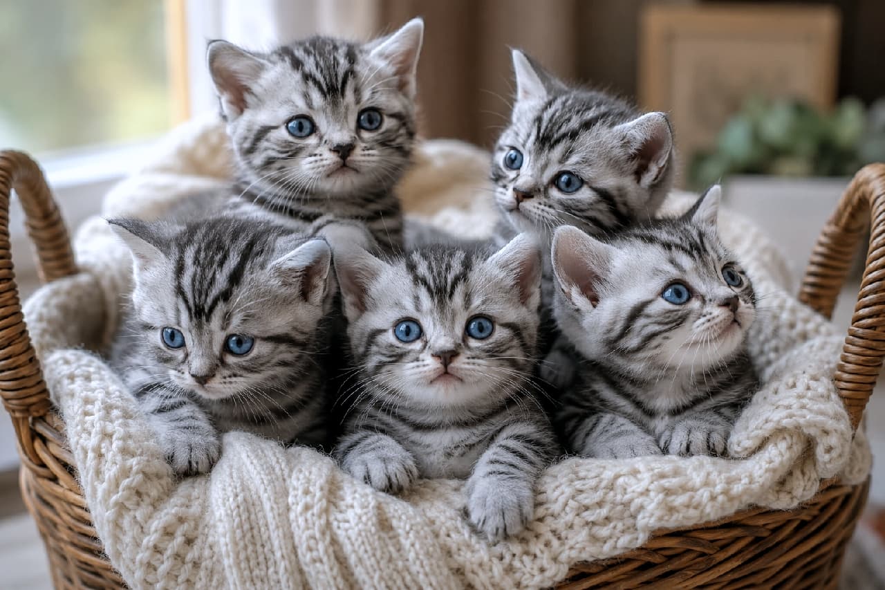 「見つめる先には何があるの?👀シルバータビーの美形子猫5つ子ちゃんがカゴいっぱいに大集合💖 #猫のいる暮らし #子猫の魅力 #アメリカンショートヘア #猫写真」An ultra-realistic high-quality photograph of five American Shorthair style silver tabby kittens snuggled in a white knitted blanket inside a wicker basket. They have striking blue eyes and gaze curiously in different directions near a softly lit window background. 丁寧に編まれた籐のカゴの中、白いニットのブランケットに包まれたシルバータビーのアメリカンショートヘアの子猫5匹のリアルな写真。鮮やかなブルーの瞳を持った子猫たちが、それぞれ異なる方向やカメラを見つめています。背景は柔らかな光が差し込む明るい窓辺で、温かみのある情景が広がっています
