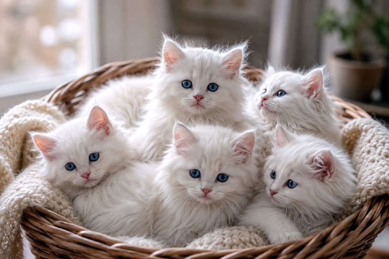 「まるで本物の天使降臨👼純白ふわふわの5つ子ちゃんたちがカゴの中でぎゅっ💖あなたならどの子を選ぶ? #猫のいる暮らし #子猫の魅力 #ノルウェージャンフォレストキャット #猫写真」An ultra-realistic high-quality photograph of five Norwegian Forest Cat (White) kittens snuggling inside a wicker basket with a soft white knitted blanket. They feature fluffy, silky pure white fur and clear sapphire blue eyes, gazing curiously in different directions. Gentle natural light streams from a window in the background, creating a warm atmosphere. 丁寧に編まれた円形の籐カゴの中、柔らかな白いニットのブランケットに包まれて寄り添う、白いノルウェージャンフォレストキャットの子猫5匹のリアルな写真。シルクのようにふわふわとした質感の純白の被毛と、澄んだサファイアブルーの瞳が美しく、それぞれが愛らしい表情で前方や斜め上を見つめています。背景の窓辺からは優しい自然光が差し込み、全体を温かく包み込んでいます