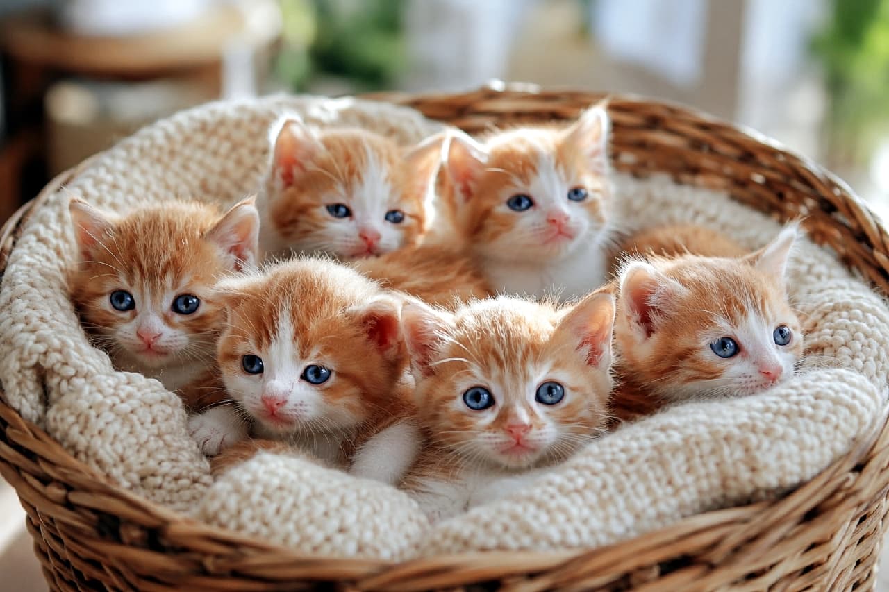 「いつだって大人気!茶白の元気な子猫たちがカゴにぎゅっ🍊🤍無邪気な表情に元気をもらえるね🐾☀️ #茶白猫 #猫好きさんと繋がりたい #子猫 #ねこのいる幸せ #猫のいる暮らし #子猫の魅力」Ultra-realistic high-quality photograph of adorable ginger and white mixed-breed kittens cuddling inside a wicker basket with a soft knitted blanket. Their bright orange and white fur contrasts beautifully with their wide, curious blue eyes. Soft natural window lighting and a cinematic bokeh background create a deeply heartwarming atmosphere. 窓からの温かい自然光が降り注ぐ中、籐のバスケットとニット毛布の上で身を寄せる6匹のミックス(茶白)の子猫たち。明るいオレンジと白のコントラストが美しい被毛に、子猫特有の澄んだ青い瞳を輝かせ、上を見上げたり周りを伺ったりと個性豊かな表情を見せています。背景のシネマティックなボケが日常の幸せを演出しています