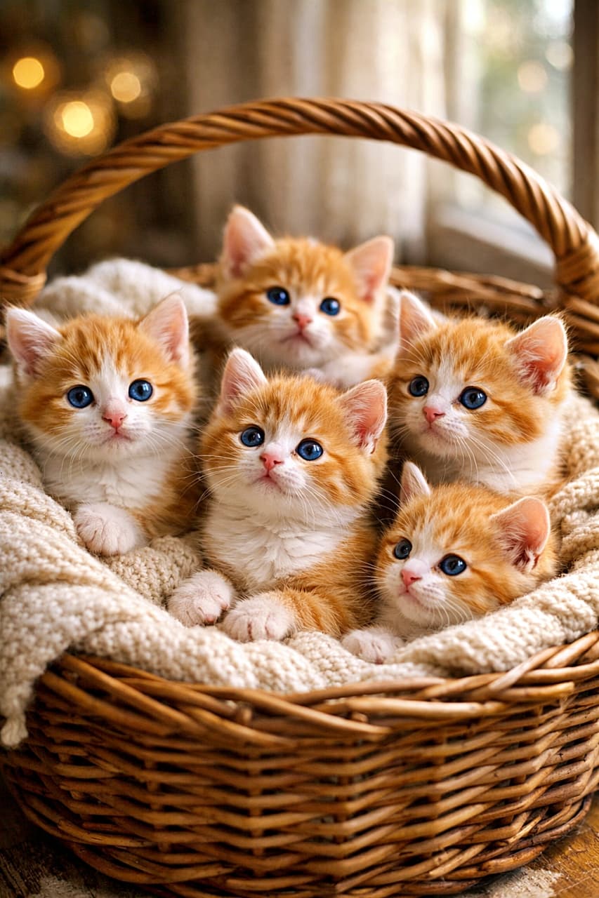 「バスケットいっぱいの幸せ♡きゅっと寄り添う茶白子猫たちに胸キュン！」Five ginger and white mixed breed kittens cuddling together in a wicker basket lined with a soft knitted blanket, looking around with curious blue eyes in warm natural light. 柔らかなニットブランケットが敷かれた籐のバスケットの中で、寄り添いながら好奇心いっぱいの青い目で周囲を見る茶白の子猫たち