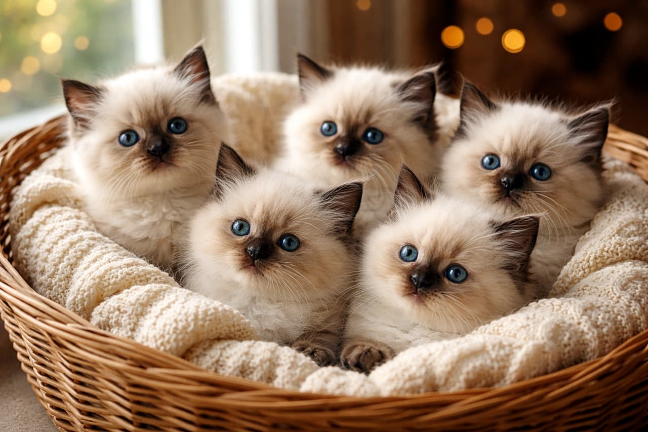 「もふもふ青い瞳が大集合💙バスケットいっぱいの幸せ子猫タイム！」A wicker basket filled with fluffy Himalayan chocolate point kittens cuddling together on a soft knitted blanket, with bright blue eyes and warm natural window light. 柔らかなニットブランケットが敷かれたバスケットの中で、青い瞳のヒマラヤン（チョコレートポイント）の子猫たちが寄り添っている様子