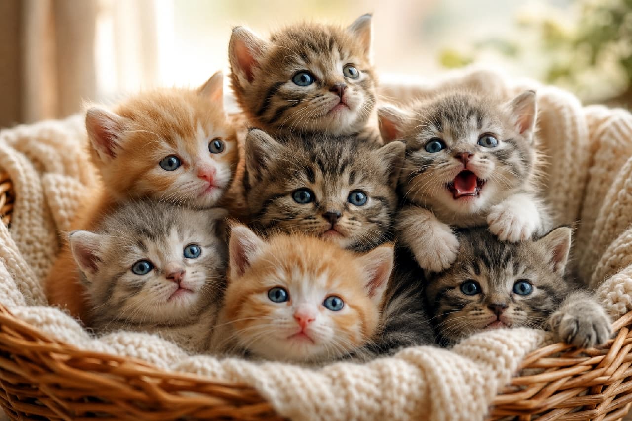 「カゴから溢れんばかりのモフモフ大渋滞!🧺🐈みんなどんなお話しをしてるのかな?元気な声が聞こえてきそう🐾💙 #子猫 #キトンブルー #猫のいる暮らし #子猫の魅力」Ultra-realistic high-quality photograph of a litter of adorable tabby and ginger kittens cuddling together in a wicker basket lined with a soft knitted blanket. Their tiny blue eyes are wide and curious, each showing unique expressions ranging from excitement with an open mouth to gentle shyness. Soft natural window lighting and a cinematic bokeh background enhance the photorealistic and heartwarming atmosphere. 籐のバスケットとふかふかのクリーム色のニット毛布に包まれた、7匹のキジトラ、茶トラ、サバトラ模様の子猫たちの高画質な集合写真。全員が子猫特有のキトンブルーの澄んだ青い瞳を持ち、上を向いて好奇心旺盛に見つめる子、元気いっぱいに口を開けて鳴く子、穏やかに見つめる子など、それぞれの個性が光る表情を見せています。窓辺から差し込む柔らかな自然光が、子猫たちのふわふわな産毛と背景の温かなボケ感をシネマティックに引き立てています