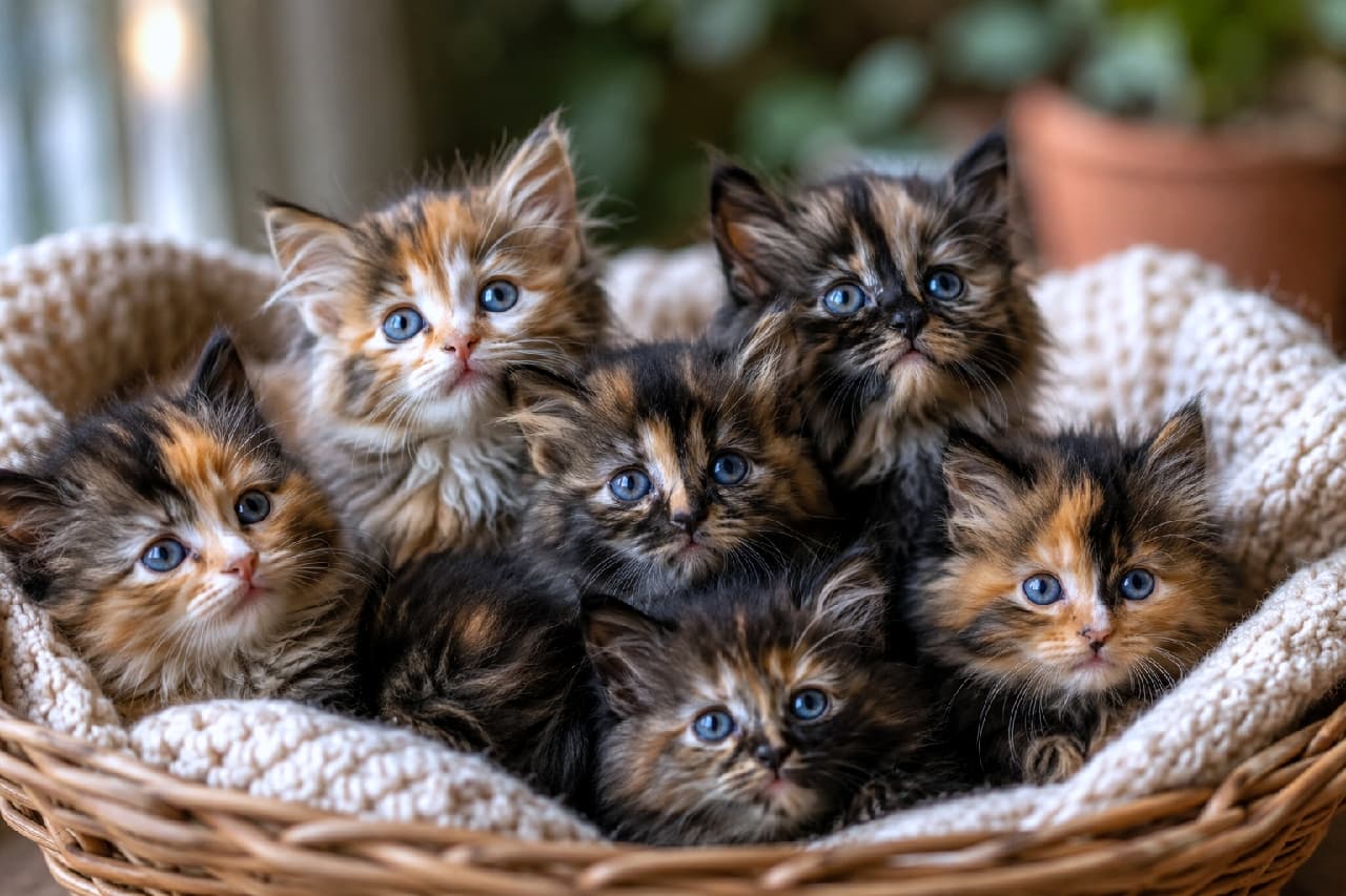 「サビ猫好きさん必見🐈⬛🤎長毛ラガマフィンちゃんたちの個性溢れるお顔がたまらない!ずっと見ていたいね✨ #ラガマフィン #サビ猫 #猫好きさんと繋がりたい #子猫 #ねこのいる幸せ #猫のいる暮らし #子猫の魅力」Ultra-realistic high-quality photograph of beautiful Ragamuffin (Tortoiseshell) kittens cuddling in a wicker basket on a soft knitted blanket. Their fluffy, multi-colored coats and wide, curious blue eyes are beautifully captured as they look in various directions against a cinematic bokeh background with soft natural lighting. ふかふかのベージュのニット毛布が敷かれた籐のバスケットに集まる、6匹のラガマフィン(トーティシェル/サビ猫)の子猫たち。黒、茶、オレンジが混ざった長毛の華やかな被毛と、宝石のように澄んだ青い瞳が特徴的です。窓辺の穏やかな自然光とシネマティックな背景のボケが、あどけない表情を際立たせています