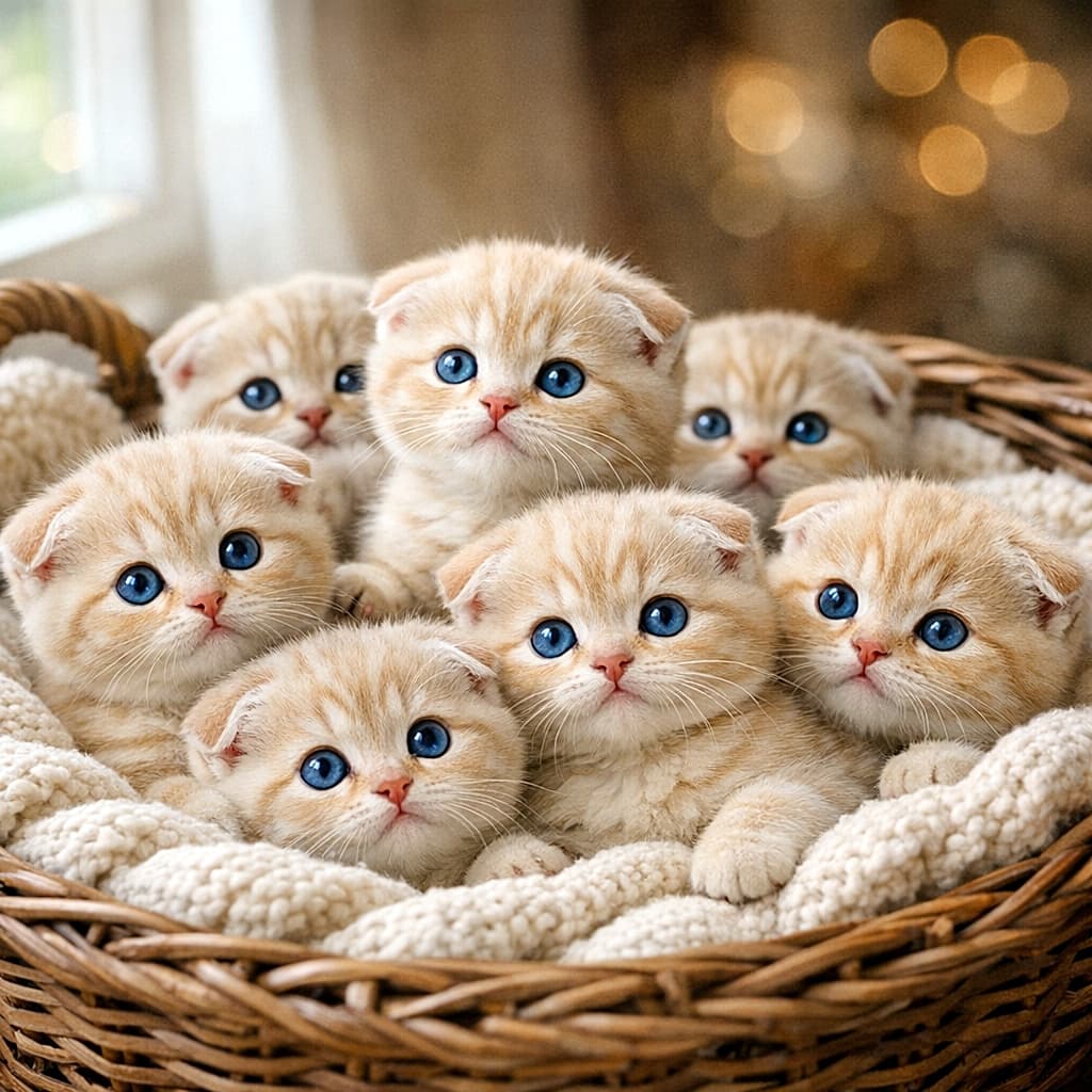 「ふかふかバスケットに子猫がぎゅうぎゅう集合🐱この可愛さ、反則級の癒しパワーです…✨🧺」A group of cream tabby Scottish Fold kittens resting closely together in a woven basket with a fluffy blanket, glowing in soft sunlight and warm bokeh light. ふわふわの毛布が敷かれた編みかごの中で、身を寄せ合うクリームタビーのスコティッシュフォールドの子猫たちが優しい光に包まれている様子