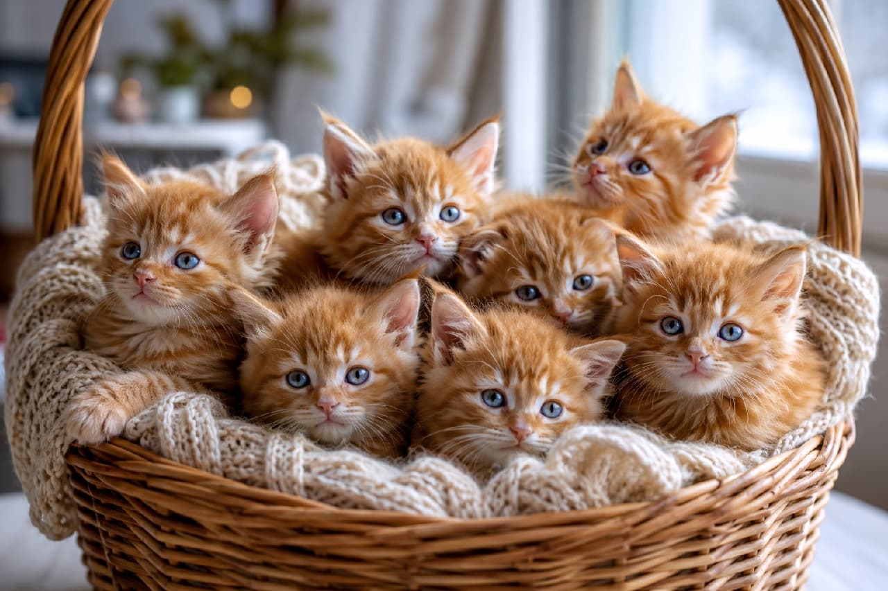 「ビタミンカラー大渋滞!🍊茶トラのモフモフ子猫ちゃんたちがカゴから溢れちゃいそう🐾元気をもらってね! #子猫の魅力 #メインクーン #猫写真」An ultra-realistic high-quality photograph of seven red tabby Maine Coon kittens piled together in a wicker basket with handles, lined with a white knitted blanket. They have vibrant orange striped fur, large tufted ears, and bright blue eyes, looking up with lively and curious expressions against a softly blurred warm indoor background. 大きな持ち手付きの籐カゴに敷かれた白いニットの上に、ぎゅうぎゅうに身を寄せ合うレッドタビー(茶トラ)のメインクーン子猫7匹のリアルな写真。鮮やかなオレンジの縞模様の被毛と、ピンと立った大きな耳、そして輝くブルーの瞳が特徴で、好奇心旺盛にカメラや上方を生き生きと見上げています。背景には室内の温かみのある光が柔らかくボケています