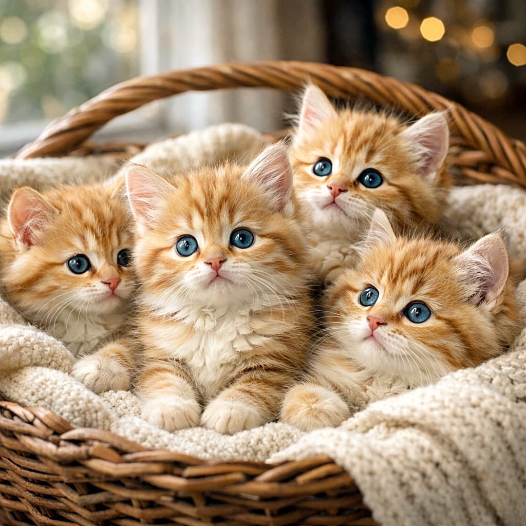 「かごの中はぬくぬく天国🐾青い瞳の子猫たちがぎゅっと集合中♡」Four Siberian golden tabby kittens cuddling together in a wicker basket lined with a soft knitted blanket, looking around with bright blue eyes in warm natural light. 柔らかなニットブランケットを敷いたかごの中で寄り添う、シベリアンのゴールデンタビー子猫たち。青い瞳でそれぞれ違う方向を見つめる心温まる光景