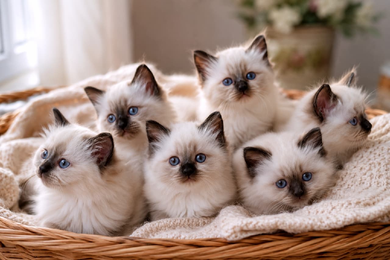 「気品あふれる『聖なる猫』バーマンの6つ子ちゃんたち✨ シールポイントのお顔とサファイアブルーの瞳から目が離せません!誰と目があったかな?💙 #バーマン #猫のいる暮らし #子猫の魅力」An ultra-realistic high-quality photograph of six Birman seal point kittens snuggled in a large woven basket on a white knit blanket. They feature silky fur with deep dark brown seal points and beautiful blue eyes, gazing curiously in various directions with innocent expressions. 大きな編みカゴの中で白いニット毛布に寄り添う、バーマンのシールポイントの子猫6匹のリアルな写真。シルクのようななめらかな被毛に、深みのあるこげ茶色(シール)のポイントカラーが入った上品な顔立ちで、美しいブルーの瞳を輝かせながらそれぞれの方向を見つめています