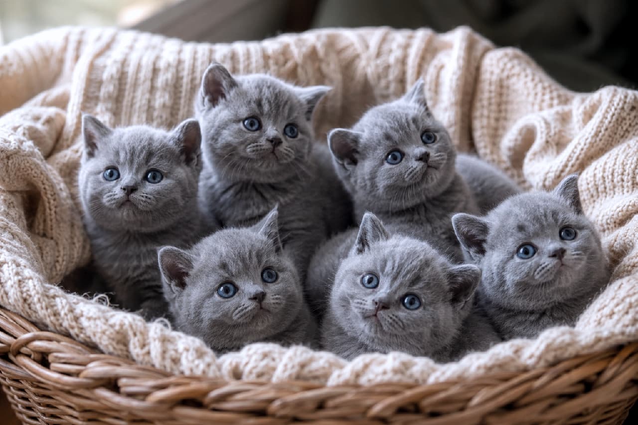 「グレーのモフモフがぎゅうぎゅう!贅沢すぎるブリティッシュ子猫ちゃんたちのぬくもりをお裾分け団子🍡 #猫好き #ブリティッシュショートヘア #猫写真」An ultra-realistic high-quality photograph of six British Shorthair style solid blue kittens huddled together inside a wicker basket lined with a beige knit blanket. They feature round faces, clear blue eyes, and look upward with curious expressions. 大きな編みカゴとベージュのざっくりとしたニットの中で、ぎゅっと身を寄せ合うブリティッシュショートヘアを思わせるグレー(ブルー)の単色被毛の子猫6匹のリアルな写真。丸みのある愛らしい顔立ちに、澄んだダークブルーの瞳が輝き、全員が好奇心に満ちた表情で上を見上げています