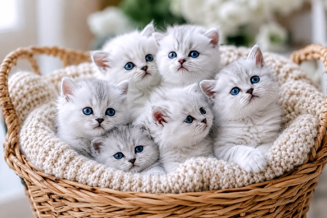 「まるで宝石箱や〜!💎きらきらブルーのおめめと銀色ボディの美形子猫ちゃんたちから目が離せないっ✨ #子猫の魅力 #ペルシャ #猫写真」An ultra-realistic high-quality photograph of six Persian (Chinchilla Silver) kittens looking out from a wicker basket lined with a white blanket. They feature soft, downy silver-white fur and gemstone-like vivid blue eyes, all gazing upward in the same direction with curious expressions. The background features softly blurred white flowers. 籐のカゴに敷かれた白い毛布の中から、一斉に顔を覗かせるチンチラシルバーのペルシャ子猫6匹のリアルな写真。綿毛のように柔らかな質感の淡いグレーと白の被毛に、宝石のような鮮やかなブルーの瞳が美しく映え、全員が好奇心に満ちた表情で同じ斜め上を見つめています。背景には白い花が優しく上品にボケています