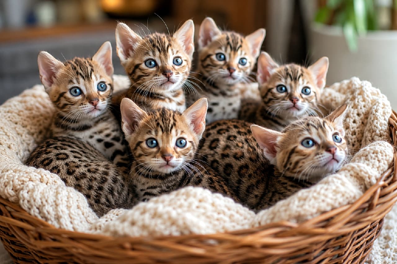 「お部屋に小さなヒョウが出現!?🐆🤎 ワイルドなスポテッド柄と甘えん坊なお顔のギャップがたまらないオシキャットの赤ちゃんたちです🐾 #オシキャット #子猫 #猫だんご #猫のいる暮らし #子猫の魅力」An ultra-realistic high-quality photograph of six Ocicat chocolate spotted kittens crowded in a basket lined with a chunky ivory knit blanket. They display sleek short coats with beautiful distinct chocolate-colored spots and wild facial features, peering out with immense curiosity and playful energy. ざっくりとしたアイボリーのニット毛布を敷いたカゴの中にひしめき合う、オシキャット(チョコレートスポテッド)の子猫6匹のリアルな写真。滑らかな短毛に浮かび上がる美しいチョコレート色の斑点(スポット)模様と、野性味あふれる顔立ちが魅力的で、興味津々な様子で首を伸ばして周りを観察しています