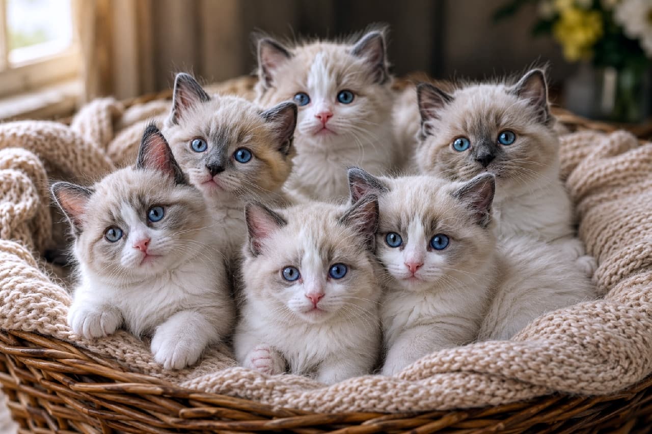 「ロイヤルミルクティー色の極上モフモフ☕甘えん坊なラグドール子猫ちゃんたちの熱視線にクラクラです💘 #子猫の魅力 #ラグドール #猫写真」An ultra-realistic high-quality photograph of six Ragdoll (Blue Bicolor) kittens huddled comfortably inside a woven basket with a beige knit blanket. They boast silky fur with elegant brown and white coloration, clear blue eyes, and innocent gazes looking toward the camera and upwards under soft, serene indoor lighting. 編みカゴに敷かれたベージュのざっくりとしたニット毛布の中で、仲良く寄り添うブルーバイカラーのラグドール子猫6匹のリアルな写真。ココアブラウンとホワイトの上品なグラデーションの被毛はシルキーで柔らかく、全員が澄み切ったブルーの瞳でこちらを見つめたり斜め上を仰いだりしています。室内の穏やかな光が子猫たちの愛らしさを引き立てています