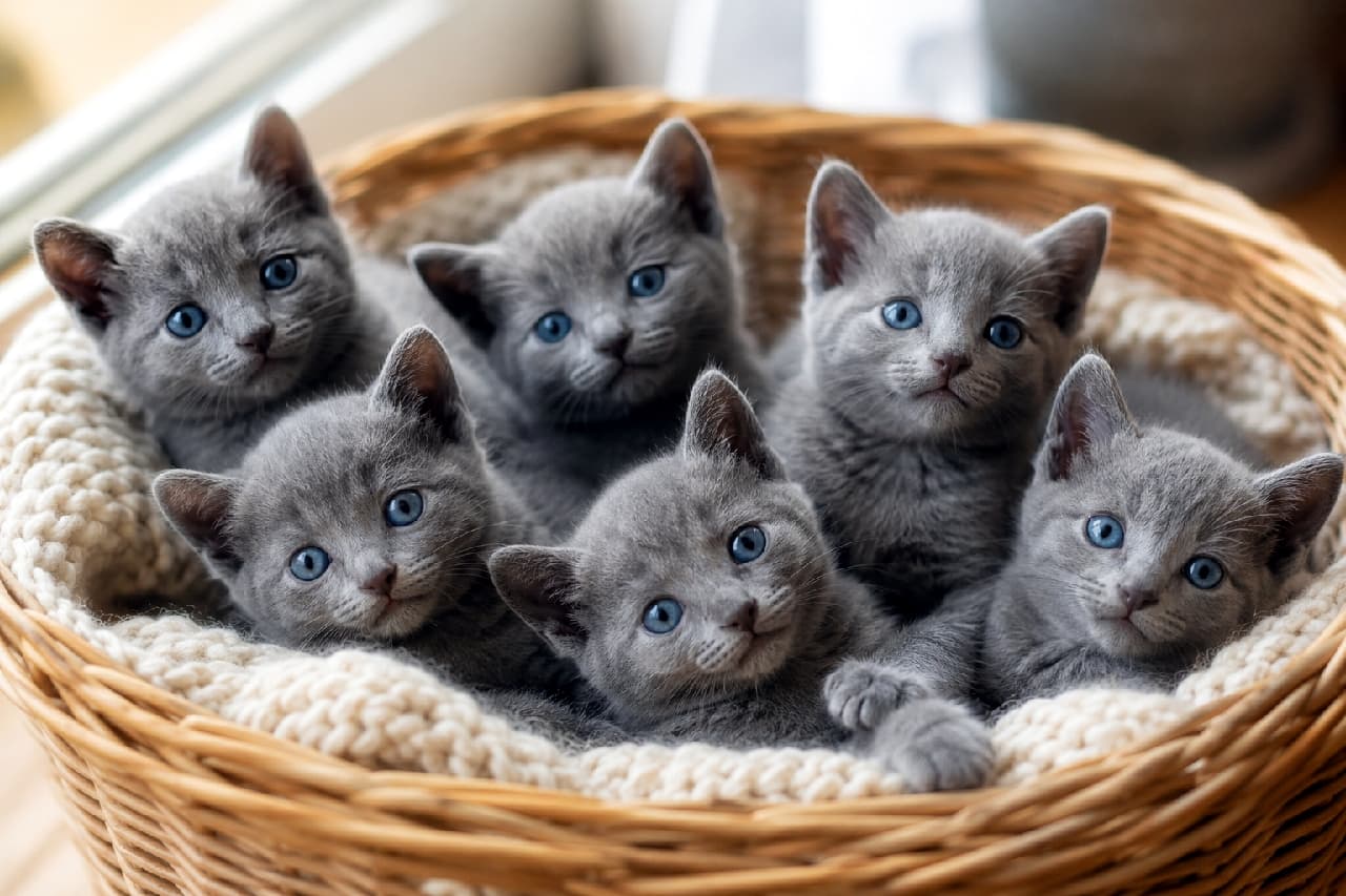 「まるで銀色のビロード❄️ 上品なロシアンブルーの子猫たちがギュッと集まって夢心地☁️ 癒やし度100%です💙 #ロシアンブルー #子猫 #猫だんご #猫のいる暮らし #子猫の魅力」An ultra-realistic high-quality photograph of six Russian Blue kittens huddled together in a basket lined with a chunky white knit blanket. They boast shimmering blue-gray velvety coats that catch the light, adorable "Russian smiles," and clear eyes looking up attentively with a gentle expression. 白いざっくりとしたニット毛布が敷かれたカゴの中で身を寄せ合う、ロシアンブルーの子猫6匹のリアルな写真。光を反射して銀色に輝くブルーグレイのベルベットのような美しい短毛と、少し微笑んでいるような「ロシアンスマイル」の口元が愛らしく、澄んだ瞳でじっとこちらを見上げています