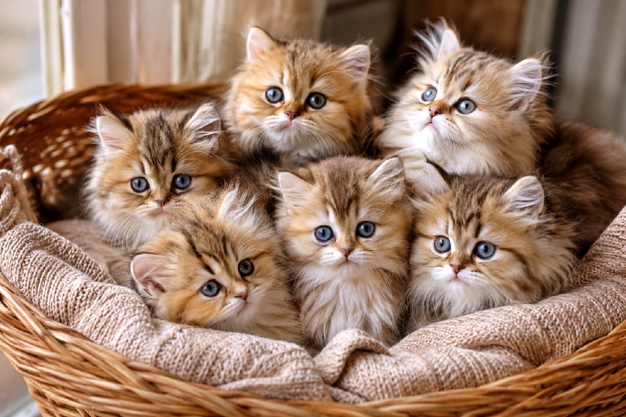 「ゴージャスな黄金色のモフモフ大渋滞!🦁 森の妖精サイベリアンの子猫ちゃんたちがカゴいっぱいに詰まってます✨ 暖かくて幸せな時間をおすそ分け🍂 #サイベリアン #猫のいる暮らし #子猫の魅力」An ultra-realistic high-quality photograph of six Siberian golden tabby kittens bundled in a beige knit blanket inside a wicker basket. They feature gorgeous, voluminous golden-brown tabby fur and large round eyes, peeking out energetically and looking incredibly fluffy. 籐のカゴの中でベージュのニット毛布に包まれた、サイベリアンのゴールデンタビーの子猫6匹のリアルな写真。極寒の地を生き抜くゴージャスでボリュームのある黄金色のタビー柄(縞模様)の被毛と、真ん丸で大きな瞳が特徴で、元気いっぱいにカゴから顔を出しています