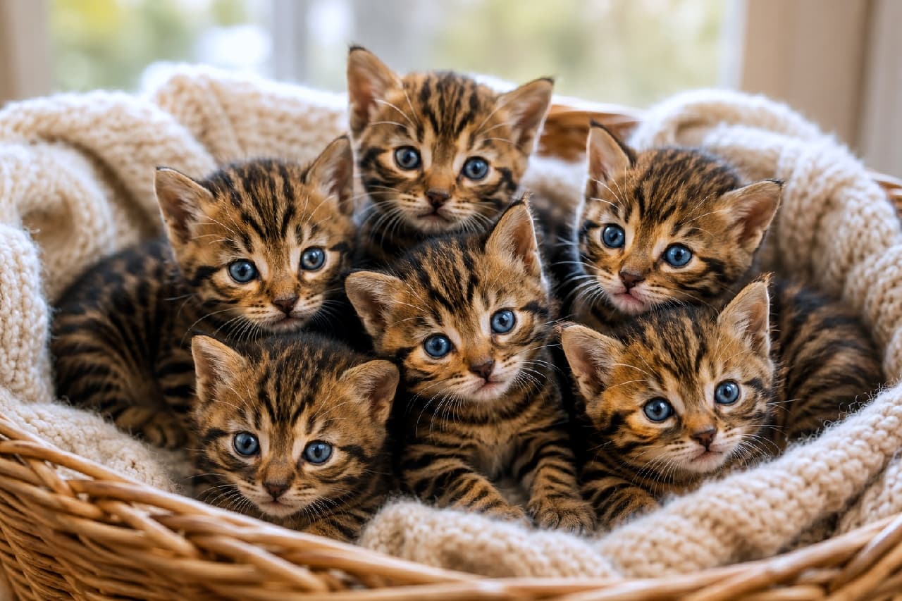 「お部屋に小さなトラさんたちが大集合🐯💕 ワイルドなシマシマ模様とあどけないブルーの瞳のギャップにメロメロです!一緒に探検に行きたい人〜?🐾 #トイガー #子猫 #猫だんご #猫のいる暮らし #子猫の魅力」An ultra-realistic high-quality photograph of six Toyger brown mackerel tabby kittens huddled on a chunky white knit blanket inside a wicker basket, bathed in soft natural window light. They feature striking black tiger-like stripes on vibrant orange-brown coats, looking curiously at the camera with clear, innocent blue eyes. 窓からの柔らかな自然光に包まれた籐のカゴの中で、白いざっくり編みのニット毛布に寄り添うトイガー(ブラウンマッカレルタビー)の子猫6匹のリアルな写真。鮮やかなオレンジブラウンの被毛にトラのような美しい黒の縞模様(マッカレルタビー)が際立ち、澄んだブルーの瞳で好奇心旺盛にこちらを見つめています