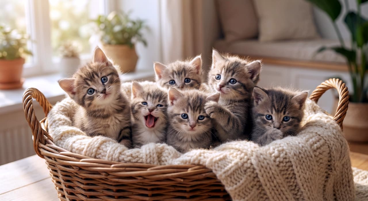 「かごいっぱいの幸せ🐈🧺！あくびしたり首をかしげたり、個性豊かな6匹の天使たちに癒やされて✨ #仔猫 #猫のいる暮らし」Ultra-realistic high-quality photograph. Six adorable tabby kittens cuddled together inside a wicker basket lined with a soft white knitted blanket, bathed in bright, natural daylight from a nearby window. Each kitten shows a unique expression: one is tilting its head, another is yawning widely, and one has its paw playfully raised near its face. The background features a softly blurred window and houseplants, creating a heartwarming and bright atmosphere. 自然光が差し込む明るい部屋で、白いニットが敷かれた籐（とう）のかごにギュッと集まった6匹のキジトラ仔猫たち。首をかしげる子、大あくびをしている子、前足を顔の横に上げている子など、それぞれが個性豊かで愛らしい表情を見せている。背景の窓辺には観葉植物が飾られており、暖かく柔らかな光が仔猫たちを包み込んでいる。明るく爽やかな雰囲気の、超リアルな質感の高品質写真
