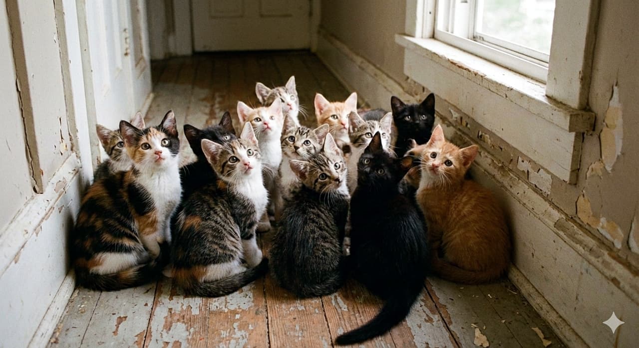 「廊下に大集合！🐾 キラキラお目めで一斉に上を見上げる子猫たち、何を見つけたのかな？興味津々で可愛すぎ💕」A candid, realistic photo of many 7-week-old kittens gathered tightly together on the wooden floor of a rustic hallway with peeling paint. The kittens, featuring various coat colors like calico, tabby, black, and ginger, are all looking up towards the camera with curious, bright eyes. 塗装の剥がれた古い廊下の木の床に、身を寄せ合って集まる生後7週間ほどのたくさんの子猫たち。三毛、キジトラ、黒、茶トラなど様々な毛色の子猫全員が、好奇心旺盛な瞳で一斉に上を見上げている