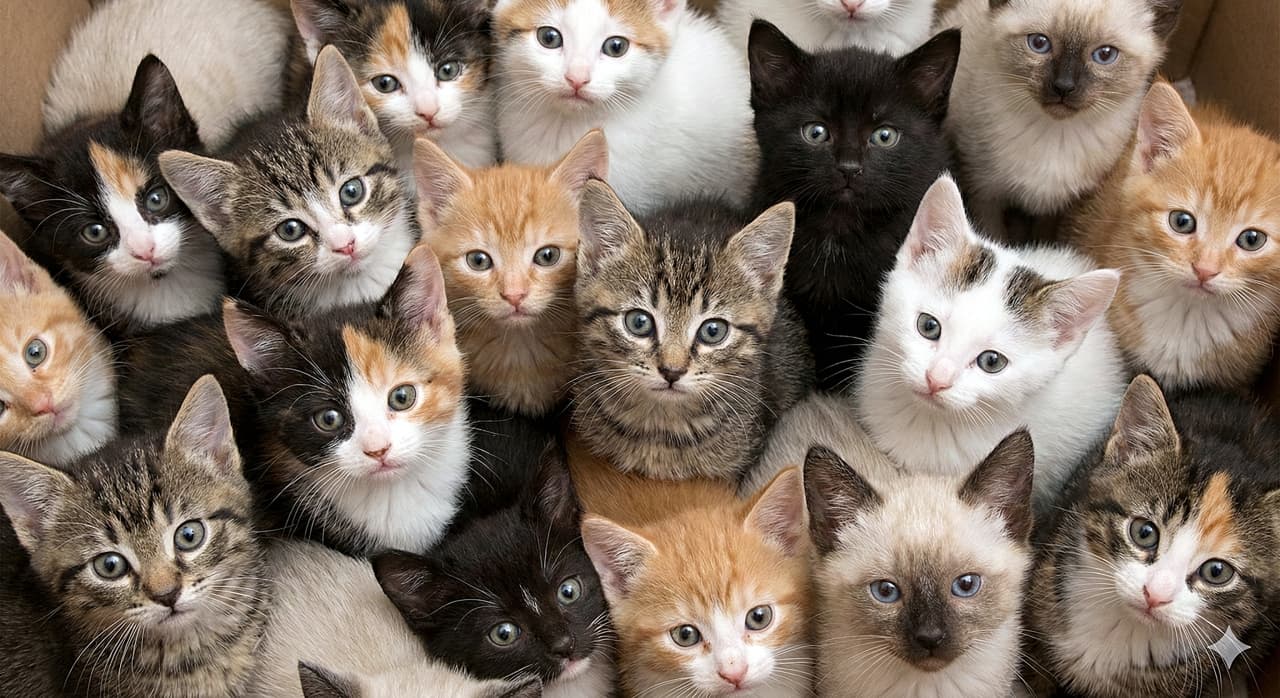 「シャム柄に三毛にお顔の個性が大爆発！💥 みんなでギュッとくっついて見上げてくる、可愛すぎる見つめ合いタイム👀💕」A realistic scene of many 6-week-old kittens, including Siamese-mixes, tabbies, and calicos, pressing close together. They are sharing warmth and all looking directly up at the camera with curious eyes. シャム猫風や三毛、キジトラなど個性豊かな柄の生後6週間ほどの子猫たちが、密集して温もりを分け合っている。全員でギュッと集まりながら、不思議そうに上を見上げているリアルな光景