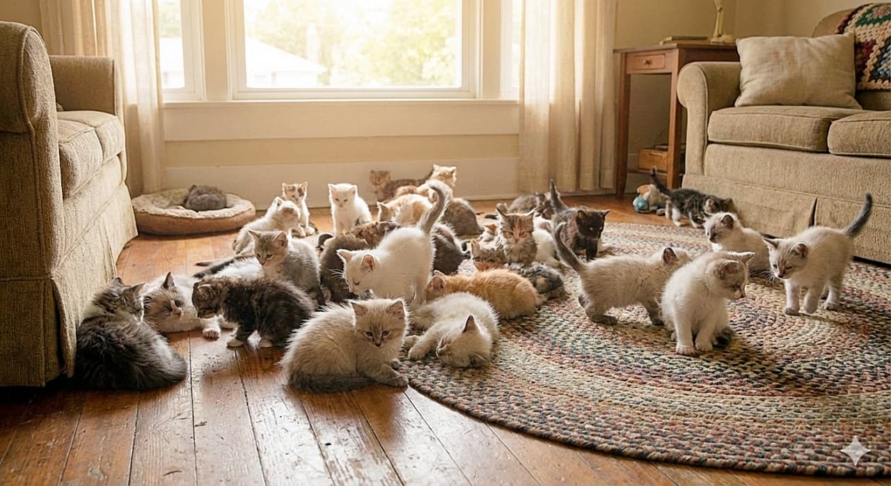 「「床が見えない」ってこういうこと！？😍 リビングが子猫の大渋滞！どこを見ても天国すぎる空間✨」A photorealistic wide shot of a living room floor filled with dozens of tiny kittens of various breeds and colors walking and playing on a rug and wooden floor under soft morning light. 柔らかな朝の光が差し込むリビングルームの床一面を、数十匹の色とりどりの子猫が埋め尽くしている。ラグやフローリングの上で思い思いに過ごす、賑やかで夢のような光景
