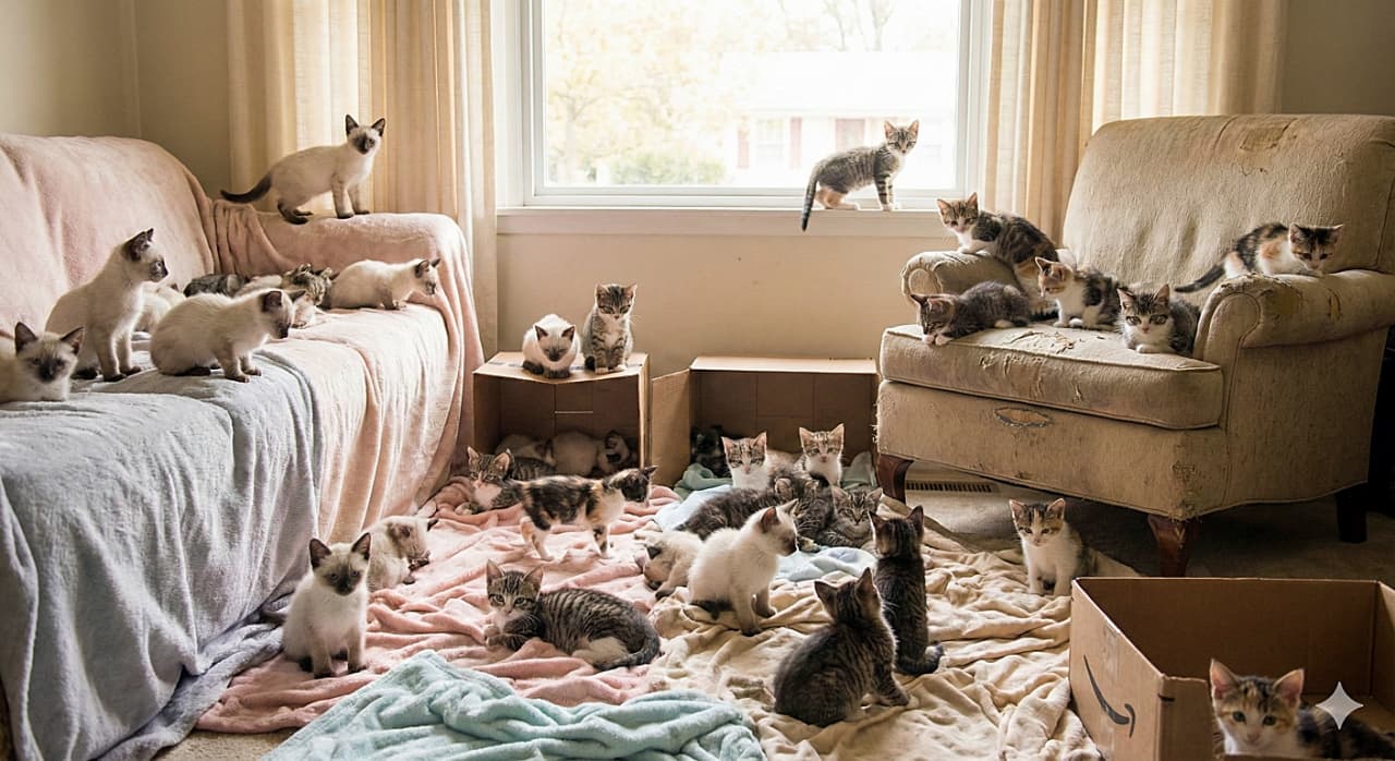 「部屋中が猫だらけのハッピー空間！🏠 ソファや段ボールで自由気ままに過ごす子猫たちに圧倒的癒やされちゃう💕」A photorealistic image of dozens of kittens under 8 weeks old scattered throughout a softly lit living room. Kittens of various patterns, including Siamese, tabby, and calico, are resting on blanket-covered sofas, exploring cardboard boxes, and sitting on the windowsill, creating a sense of joyful overwhelm. 柔らかな光が差し込むリビングルームを埋め尽くす、生後8週未満のたくさんの子猫たち。シャム猫風、キジトラ、三毛などの子猫が、ブランケットが掛かったソファや段ボール箱の中、窓辺などで思い思いに過ごしており、楽しくて圧倒されるような幸せな光景が広がっている