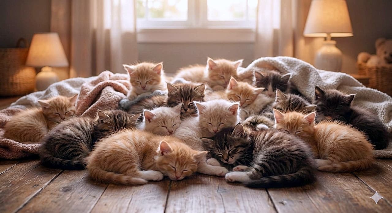 「部屋の真ん中にモフモフの山が出現！？🏔️ たくさんの赤ちゃん猫が身を寄せ合って爆睡中💤」Dozens of tiny kittens of various colors, including ginger, tabby, and black, sleeping in a large pile on a wooden floor. They are resting on soft blankets in a cozy room illuminated by warm light from a window and two small lamps. 木製の床に敷かれたブランケットの上で、山のように積み重なって眠る数十匹の小さな赤ちゃん猫。茶トラやキジトラ、黒など様々な毛色の子猫が身を寄せ合っており、窓とランプの温かい光に包まれた居心地の良い空間