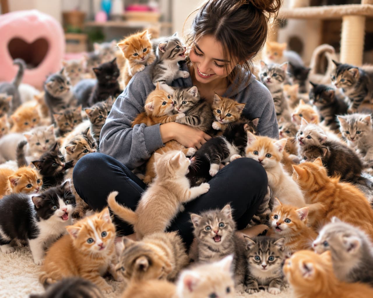 「リビングの床が見えないほどの猫、猫、猫!🐈🐈⬛🐾 柔らかな朝陽の中でわちゃわちゃと遊ぶ子猫の群れに、思わず顔がほころんでしまいますね🌅✨」Ultra-realistic high-quality photograph of dozens of kittens under 8 weeks old covering an entire living room floor, illuminated by soft morning light. The mixed-breed kittens, featuring various coat colors and patterns like tabby, calico, solid black, and tortoiseshell, are climbing over each other and looking around curiously. A brown sofa and a dark wood TV stand are visible in the background. 柔らかな朝の光が差し込むリビングルームの床一面を、生後8週未満と思われる数え切れないほどの子猫たちが埋め尽くしている光景。キジトラ、三毛、黒、サビ、茶トラなど、多様な毛色や模様のミックス猫たちが、お互いによじ登ったり、好奇心旺盛にあたりを見回したり、鳴き声を上げたりしています。背景にはブラウンのソファや木製のテレビボードが配置され、圧倒的な生命力と愛らしさが共存する、超リアルで高画質な写真
