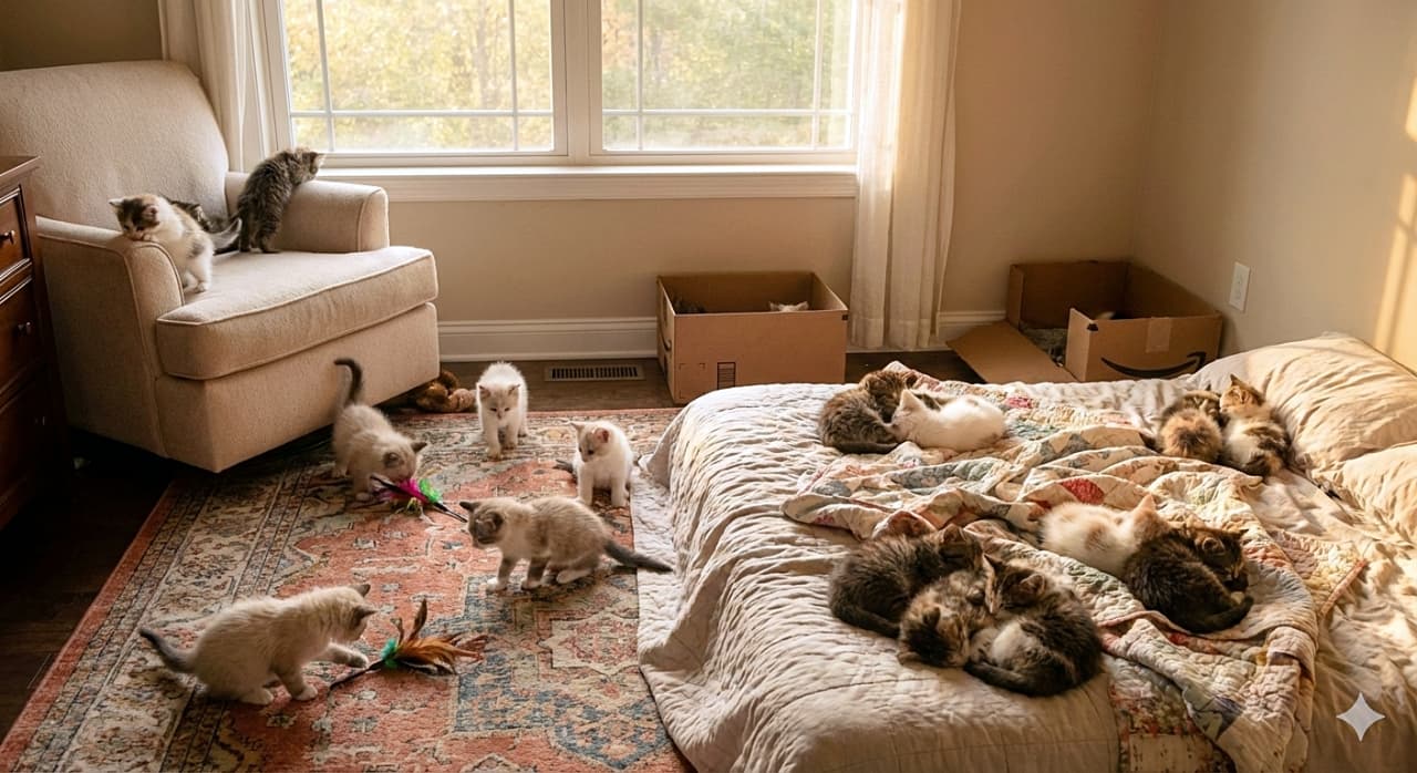 「ベッドルームが子猫の楽園に！🛌 ラグで元気におもちゃ遊び＆ベッドでお昼寝💤 みんな自由で可愛すぎ💕」A photorealistic image of a sunlit bedroom filled with dozens of tiny kittens. Some kittens are playfully chasing a feather toy on a patterned rug, while others are sleeping peacefully in small groups on an unmade bed. A cozy armchair and cardboard boxes complete the warm, inviting scene. 温かい自然光が差し込むベッドルームで、思い思いに過ごすたくさんの小さな子猫たち。柄物のラグの上で羽のおもちゃで遊ぶ活発な子や、ベッドの上で身を寄せ合ってスヤスヤ眠る子、アームチェアを探索する子などがリアルに描かれている