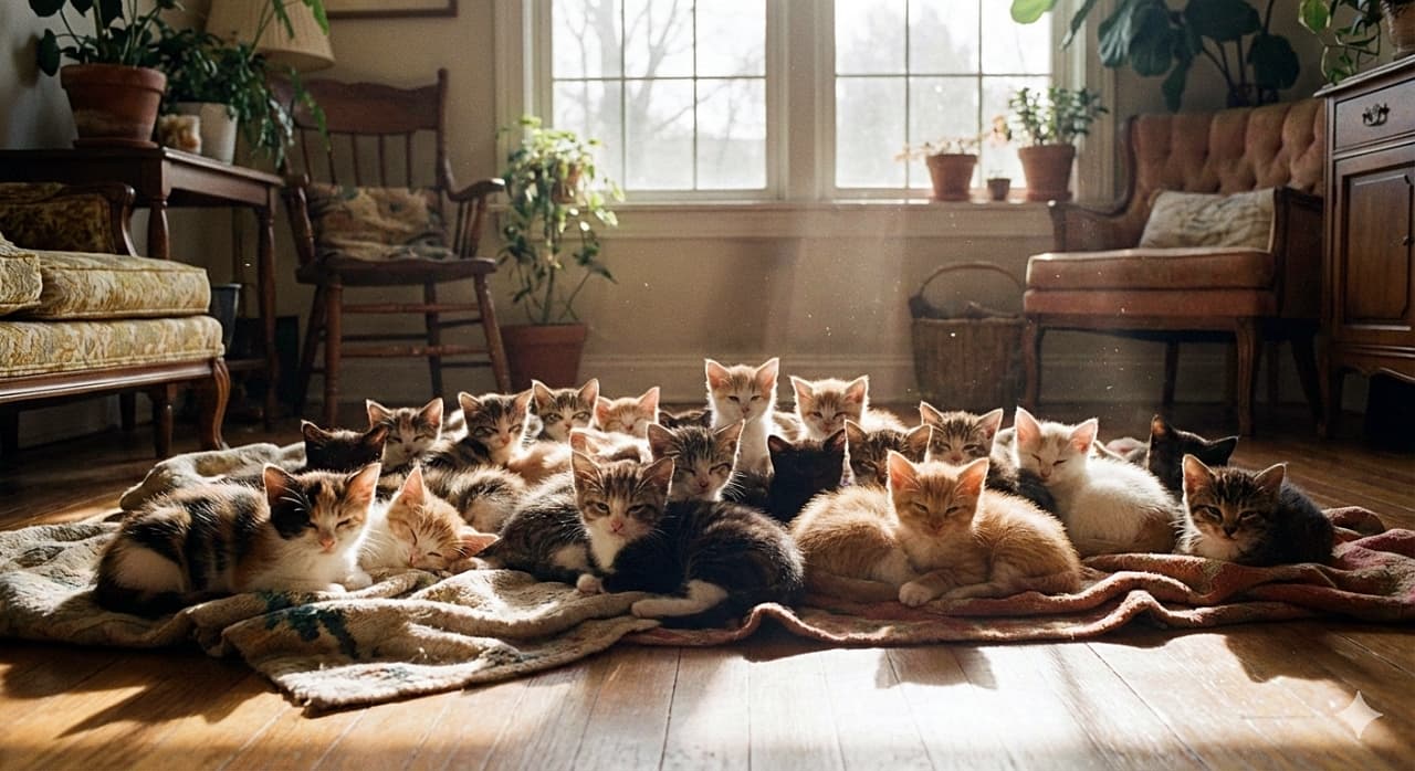 「ぽかぽかお日様の下で日向ぼっこ☀️ ブランケットの上に大集合して、ギュッと寄り添う子猫たちが尊い🐱✨」A high-resolution, realistic photo of dozens of kittens under 8 weeks old clustered together on a textured blanket on a hardwood floor. Soft shadows and beautiful light rays stream through the windows in the sunlit room, illuminating the kittens, potted plants, and vintage furniture in the background. 柔らかな日差しが光の筋となって差し込むフローリングの部屋で、床のブランケットの上にギュッと身を寄せ合う数十匹の小さな子猫たち。キジトラ、茶トラ、三毛などの子猫が日向ぼっこをしており、背景には窓や観葉植物、アンティーク調の家具が並ぶ温かくリアルな光景