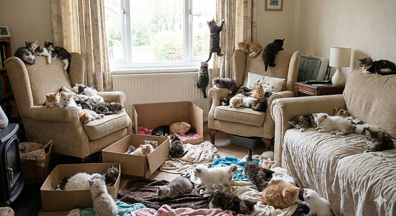 「ソファも箱も床も、部屋中ぜ〜んぶ子猫の陣地！🐾 カーテン登りしちゃう子もいる幸せ大パニック空間🐱💕」A photorealistic image of a living room completely taken over by dozens of irresistible kittens under 8 weeks old. The heart-melting scene shows kittens sleeping in heaps on armchairs and a sofa, exploring scattered cardboard boxes, resting on messy blankets on the floor, and one adventurous kitten climbing the window curtains. 生後8週未満のたくさんの子猫たちに完全に占拠されたリビングルームのリアルな写真。アームチェアやソファで山になって眠る子、散らばった段ボール箱を探検する子、床の毛布でくつろぐ子、さらには窓のカーテンに一生懸命よじ登る子など、たまらなく愛らしい大パニックの光景
