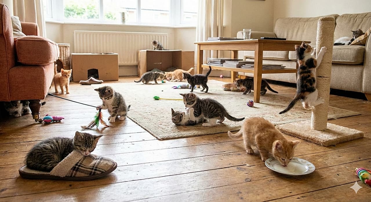 「スリッパでお昼寝に、ミルクタイム、爪とぎ登り！🐾 それぞれが自由すぎて、目がいくつあっても足りないよ💕」A dynamic, realistic photo of dozens of kittens under 8 weeks old scattered across a living room, each engaged in a different activity. One kitten sleeps inside a slipper, another drinks milk from a saucer, one climbs a scratching post, and others wrestle on the rug, all under bright natural light. 明るいリビングのあちこちで、それぞれが違うことをして過ごす生後8週未満のたくさんの子猫たち。スリッパの中で眠る子、お皿のミルクを飲む子、爪とぎポールに登る子、ラグの上でじゃれ合う子など、一匹一匹が自由に活動しているリアルな光景