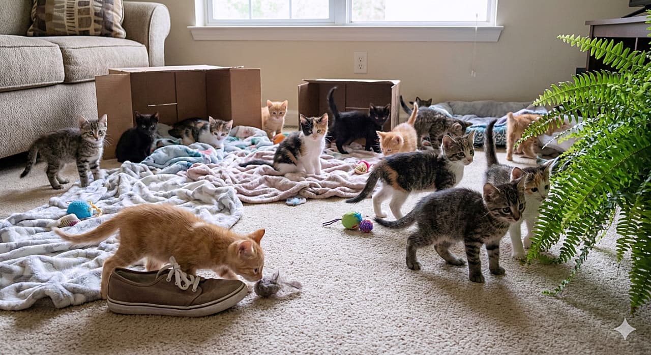 「クツの匂いをクンクン👟 植物や段ボールにも興味津々！好奇心いっぱいで部屋を探検する子猫たちにキュン💕」A photorealistic image of a crowd of 6-week-old kittens gently exploring a carpeted living room with gentle curiosity. The kittens, in various colors like ginger, tabby, and calico, are investigating a canvas shoe in the foreground, exploring cardboard boxes and messy blankets in the background, and walking near a large green fern plant on the right. 穏やかな好奇心を持ってカーペット敷きのリビングルームを探検する、生後6週間ほどのたくさんの子猫たちのリアルな写真。茶トラ、キジトラ、三毛などの子猫たちが、手前にあるスニーカーを調べたり、奥の段ボール箱や毛布の周りを探検したり、右側の大きな観葉植物の近くを歩き回ったりしている