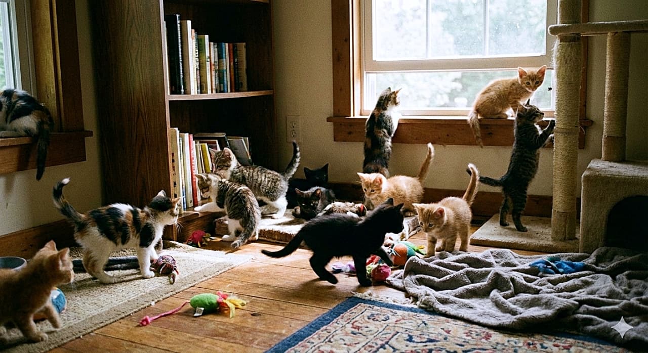 「キャットタワーに本棚、おもちゃも発見！👀✨ 部屋中を好奇心満々で探検する子猫たちがたまらなく可愛い🐾」A realistic photo of many 7-week-old kittens curiously exploring a quiet, sunlit room. The playful kittens, in various colors such as calico, black, and ginger, are scattered across a wooden floor playing with toys, climbing a tall cat tree, and looking out the window near a bookshelf. 自然光が差し込む静かなお部屋を、好奇心旺盛に探検する生後7週間ほどのたくさんの子猫たちのリアルな写真。三毛、黒、茶トラなど様々な柄の子猫たちが、フローリングでおもちゃと遊んだり、キャットタワーに登ったり、本棚の横の窓から外を眺めたりと思い思いに過ごしている