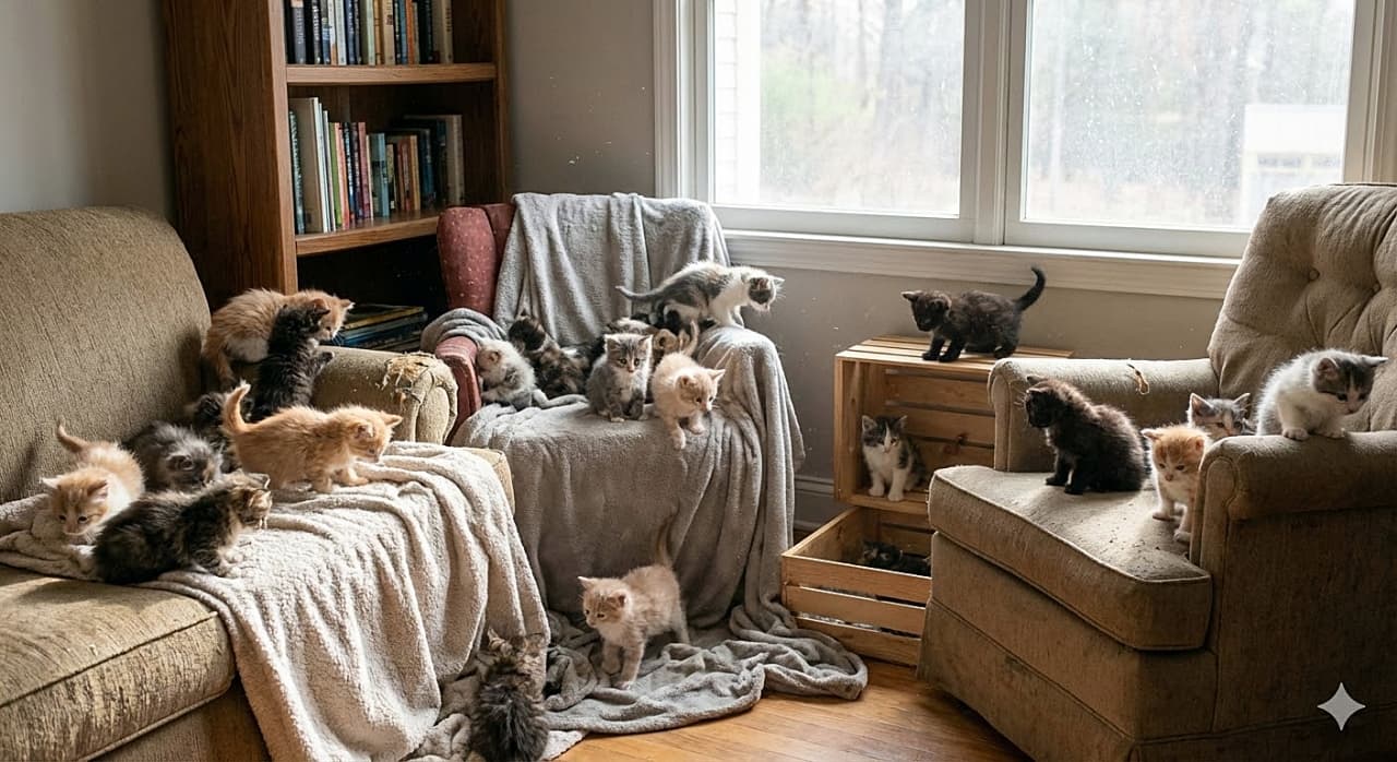 「窓際のリラックススペースが子猫の秘密基地に！？🪑 椅子や木箱で自由気ままに過ごすモフモフたち💕」A photorealistic image of a quiet corner in a home completely filled with dozens of tiny kittens. The kittens are exploring and resting on cozy armchairs draped with blankets, stacked wooden crates, and the hardwood floor, all illuminated by soft natural light from a window. 窓から柔らかな自然光が差し込む部屋の静かなコーナーに集まる、たくさんの小さな子猫たち。ブランケットが掛けられた居心地の良いアームチェアや重ねられた木箱、フローリングの床の上で、思い思いに探検したりくつろいだりしているリアルな光景