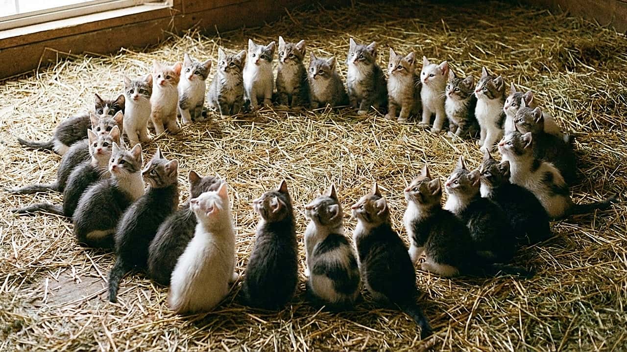 「干し草の上でキレイなまん丸の陣形が完成！？🐈🌾 みんなで一斉に左側をじーっと観察する謎の儀式が可愛すぎ💕」A realistic photo of dozens of kittens under 8 weeks old forming a neat circle on a hay-covered floor inside a rustic room or barn. The diverse group of kittens is sitting quietly and all looking intently towards the left side of the frame, observing something unseen. 干し草が敷かれた納屋のような部屋で、きれいな円陣を組んで座る生後8週未満のたくさんの子猫たちのリアルな写真。様々な柄の子猫たちが全員で画面左側をじっと見つめており、見えない何かを静かに観察している不思議で可愛らしい光景