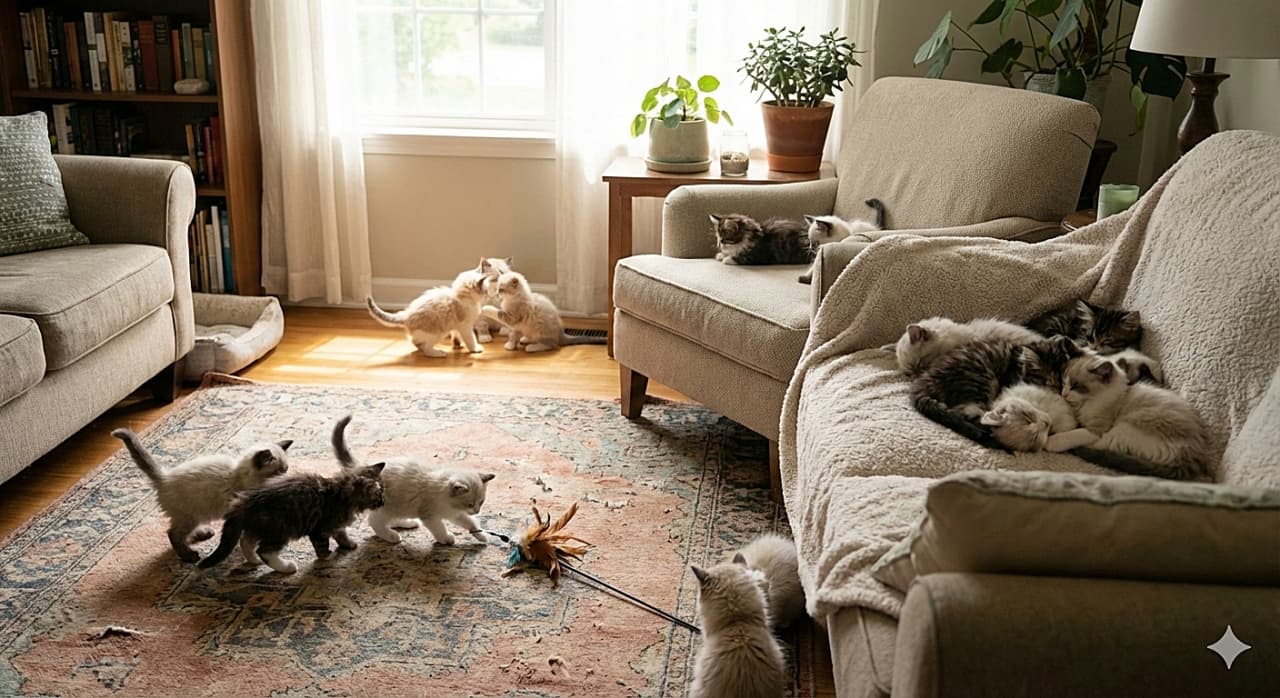 「おもちゃ遊びチームに、窓辺ではしゃぐチーム、椅子でお昼寝チーム💤 みんなそれぞれのペースで満喫中🐱✨」A calm, photorealistic image of many 7-week-old kittens forming small groups in a sunlit living room. Some kittens are playing with a feather toy on a patterned rug, a couple are playfully wrestling near the window, and another group is resting peacefully together on a cozy armchair. 落ち着いた雰囲気のリビングルームで、小さなグループに分かれて過ごす生後7週間ほどのたくさんの子猫たち。ラグの上で羽のおもちゃで遊ぶグループ、窓辺の陽だまりでじゃれ合うグループ、アームチェアの上で身を寄せ合って眠るグループなど、思い思いにリラックスしているリアルな光景