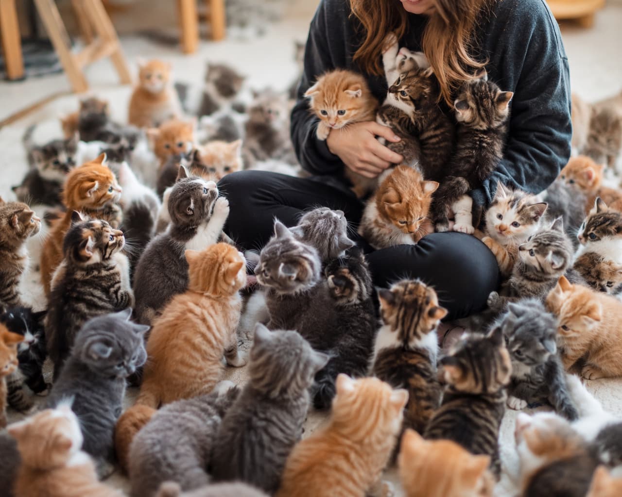 「「僕も抱っこしてー!」の声が聞こえてきそう🐾大渋滞の膝の上が羨ましすぎる一枚です🥺✨ #子猫のいる暮らし #猫好きさんと繋がりたい」Ultra-realistic high-quality photograph of a person in black clothing sitting on the floor, surrounded by a huge swarm of fluffy kittens. Ginger, tabby, and silver tabby kittens are actively climbing on their lap and looking up, capturing a heartwarming and dynamic scene. 床に座る黒い服を着た人物に、生後間もない無数の子猫たちが群がる高品質写真。膝の上によじ登ろうとする茶トラや、見上げるキジトラ、サバトラなど、ふわふわの被毛の質感がリアルに描写され、子猫たちの活発な動きと密集感が伝わる温かい一枚