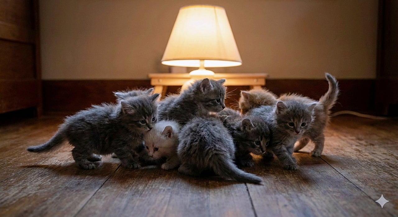 「ぽかぽかランプの光に大集合💡 ギュッと身を寄せ合うグレーの子猫たちに混ざる白い子がキュート💕」A realistic photo of a group of fluffy gray kittens and one small white kitten huddled closely together on a wooden floor. They are illuminated by the warm, gentle glow of a small lamp placed directly behind them in a dimly lit room.　薄暗い部屋のフローリングの上で、小さなランプの温かく優しい光に向かって集まり、ギュッと身を寄せ合うふわふわのグレーの子猫たち。中央には1匹だけ小さな白い子猫が顔を覗かせている