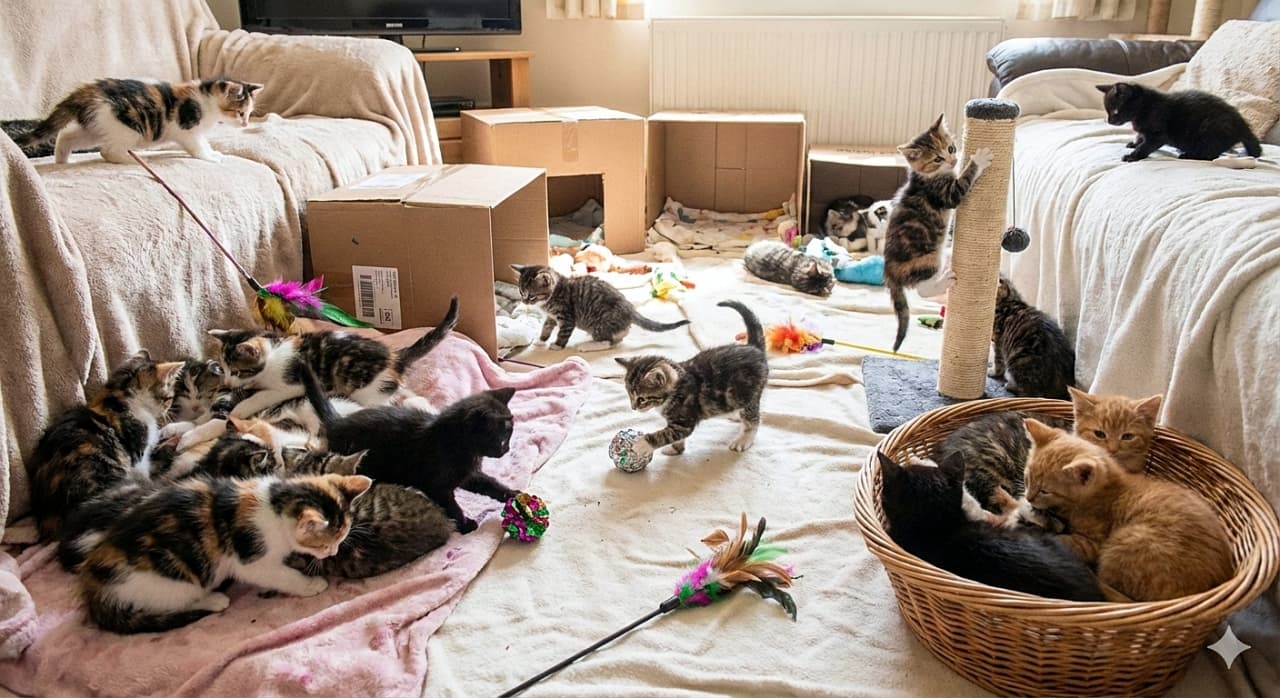 「段ボールに爪とぎ、カゴに猫じゃらし！📦 自然体で遊びまわる子猫たちの、ありのままの日常風景🐱✨」A candid, photorealistic image of dozens of kittens under 8 weeks old interacting naturally in a living room. The kittens are engaged in unposed, playful activities such as climbing a scratching post, exploring cardboard boxes, resting in a wicker basket, and playing with feather toys on the floor. リビングルームで自然に遊ぶ、生後8週未満のたくさんの子猫たちのリアルな写真。爪とぎタワーに登ったり、段ボール箱を探検したり、籐のバスケットで休んだり、床で羽のおもちゃで遊んだりと、ありのままの無邪気な姿が捉えられている