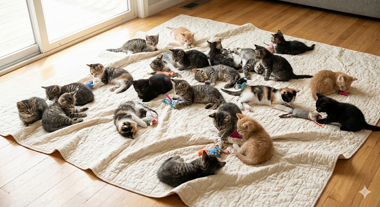 「ぽかぽかベッドをモフモフたちが占拠中！🛌✨ キルトの上でゴロゴロお昼寝したり遊んだり、至福のリラックスタイム💕」A realistic photo of dozens of kittens under 8 weeks old spread out across a soft, textured quilt on a bed. Illuminated by bright natural light from a nearby window, the kittens, in various colors including tabby, calico, ginger, and black, are fully relaxed, with some sleeping peacefully and others playing with small toys. 窓から差し込む明るい自然光に照らされたベッドの上で、柔らかいキルトの上に散らばってくつろぐ生後8週未満のたくさんの子猫たち。キジトラ、三毛、茶トラ、黒などの子猫が、スヤスヤと平和に眠ったり小さなおもちゃで遊んだりと、完全にリラックスしているリアルな写真