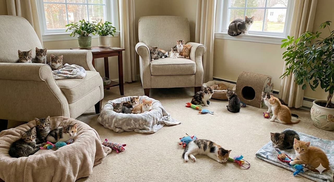 「ソファにベッド、窓辺まで！🐈 お部屋のあちこちで自由気ままに過ごす子猫たちの、平和すぎる日常風景🌿」A photorealistic image of dozens of kittens under 8 weeks old scattered around a calm, sunlit living room. They are resting on armchairs and fluffy cat beds, sitting by the window, and playing with toys on the carpeted floor, creating a peaceful yet lively atmosphere. 日差しの入る穏やかなリビングルームのあちこちに散らばる、生後8週未満のたくさんの小さな子猫たち。アームチェアやふかふかの猫用ベッドでくつろぐ子、窓辺に座る子、カーペットの上でおもちゃで遊ぶ子など、平和でありながら活気に満ちた光景