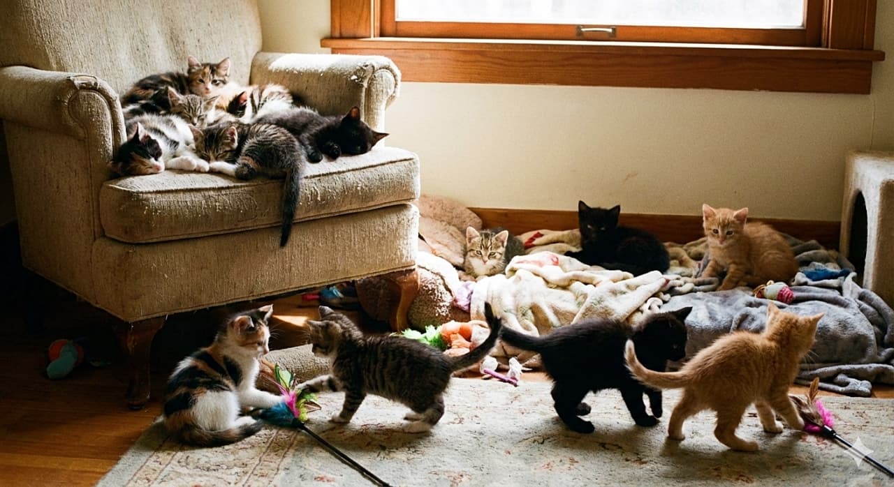 「椅子の上はスヤスヤお昼寝組💤 床の上は猫じゃらしで大ハッスル組💨 どっちも可愛くて目が離せないね💕」A realistic photo of many 7-week-old kittens sharing a sunlit space. Some kittens are sleeping peacefully huddled together on a cozy armchair, while others are lively and actively playing with a feather toy on a rug on the floor. 自然光が差し込む部屋のスペースで、思い思いに過ごす生後7週間ほどのたくさんの子猫たち。左側のアームチェアの上で重なり合って平和に眠るグループと、手前のラグの上で猫じゃらしのおもちゃを使って活発に遊ぶグループが共存している光景