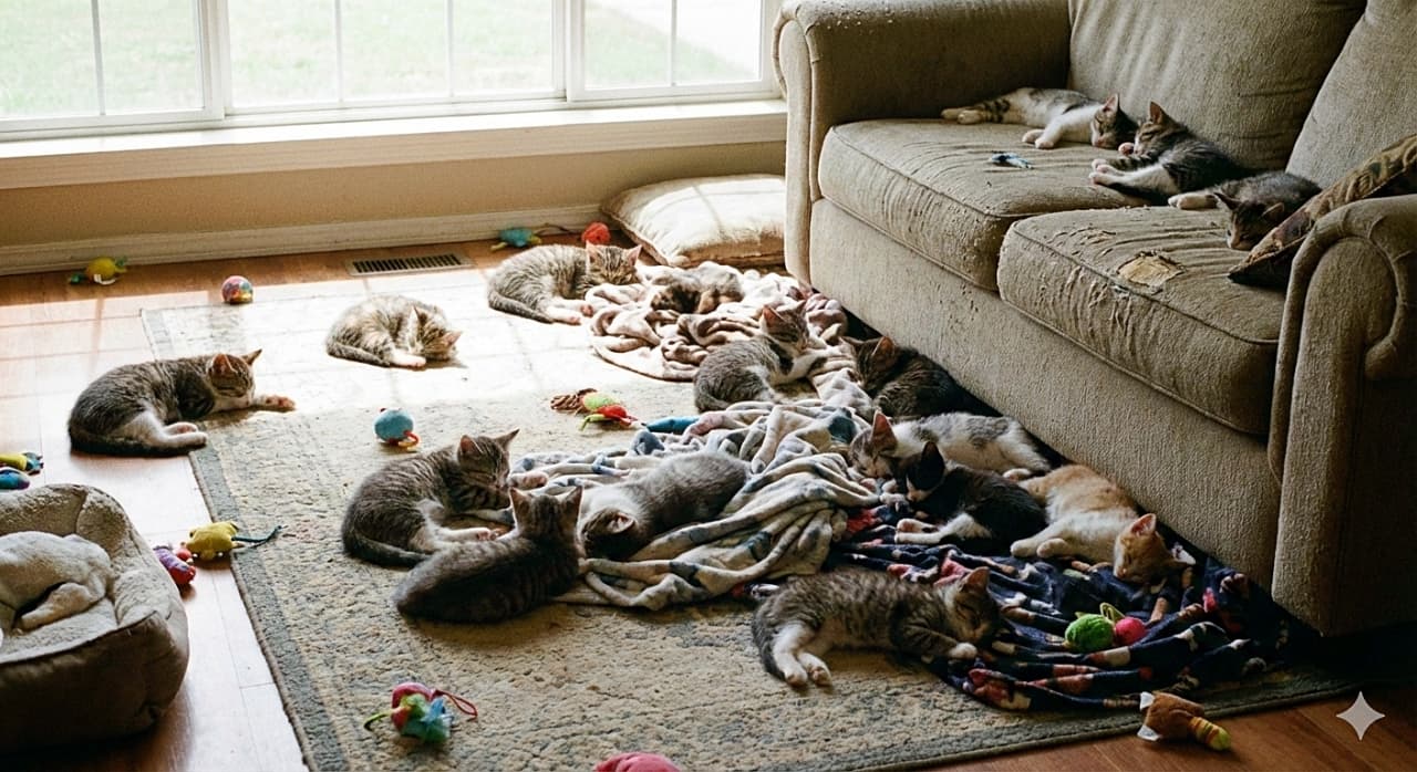 「遊び疲れてみんなでスヤスヤ💤 ソファや床のあちこちで行き倒れ寝する子猫たちに癒やされる〜💕」A calm, photorealistic image of many 7-week-old kittens resting peacefully after playtime. They are scattered naturally across a sunlit living room, sleeping on a beige sofa, a textured rug, and soft blankets, with small cat toys lying around them. 遊び疲れて平和に休んでいる、生後7週間ほどのたくさんの子猫たちのリアルな写真。日当たりの良いリビングルームのベージュのソファやラグ、毛布の上に自然に散らばって眠っており、周りには猫用のおもちゃが転がっている