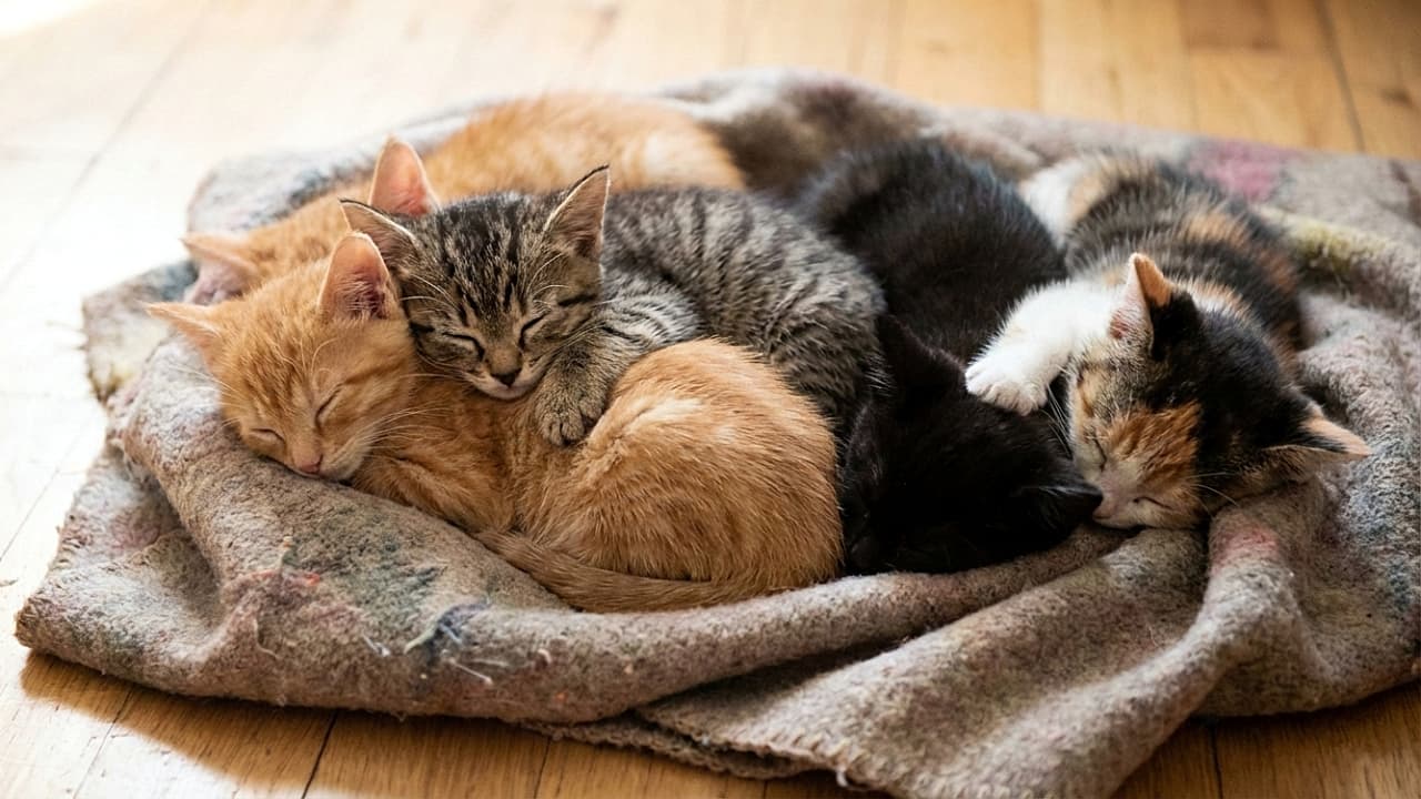 「ブランケットの上で丸くなってお昼寝中💤 みんなでくっつけばポカポカだね、小さなモフモフの塊が尊い💕」A close-up, realistic photo of a small group of 6-week-old kittens, including ginger, tabby, black, and calico, sleeping tightly curled together in a circle on a soft textured blanket on a wooden floor. 木の床に敷かれた柔らかいブランケットの上で、丸く固まって眠る小さな子猫のグループ。茶トラ、キジトラ、黒猫、三毛猫などがギュッと身を寄せ合っている、温かくリアルな接写写真