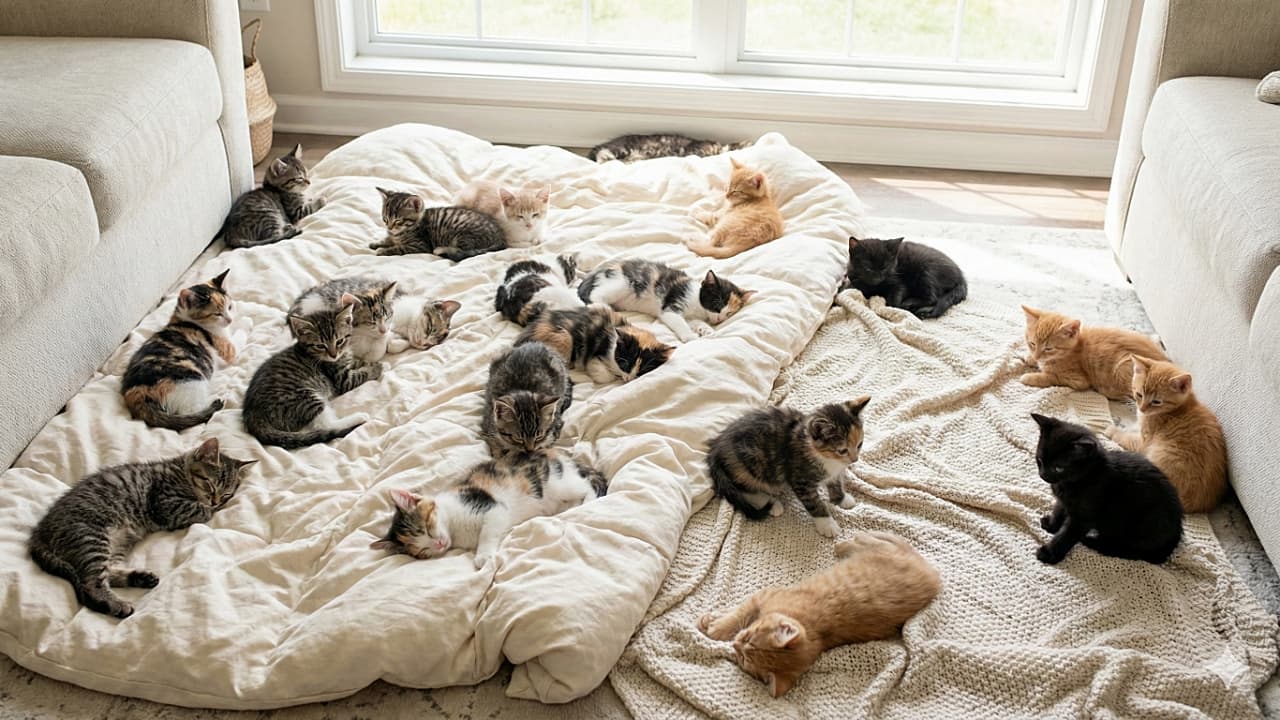 「ふかふかお布団にモフモフが大渋滞！？☁️🐾 ぽかぽかお日様の下で思い思いにくつろぐ子猫たちがたまらない💕」A realistic photo of dozens of tiny kittens under 8 weeks old spread across a soft, thick white blanket on the floor between two sofas. The kittens, in various colors like tabby, calico, black, and ginger, are relaxed and playing in the bright natural light streaming from a nearby window. 2つのソファの間に敷かれたふかふかで柔らかい白いブランケットの上に散らばってくつろぐ、生後8週未満のたくさんの子猫たち。キジトラ、三毛、黒、茶トラなど様々な柄の子猫が、窓からの明るい自然光の中でリラックスしたり遊んだりしている光景