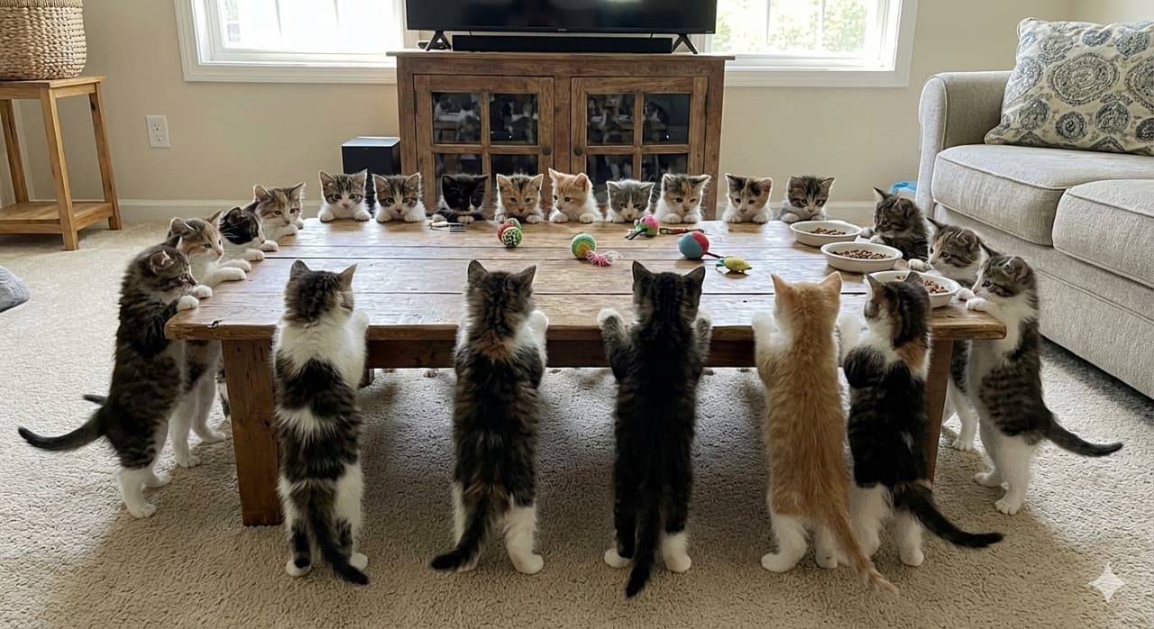 「テーブルの上に何があるの？👀 みんなで立ち上がって覗き込む後ろ姿がたまらない、子猫たちの可愛い秘密会議🐾✨」A photorealistic image of dozens of tiny kittens surrounding a low wooden table in a living room. Many of them are standing on their hind legs, resting their front paws on the edge to eagerly peek at the toys and small bowls on top, creating a scene like a cute conference. リビングルームの木製ローテーブルをぐるりと囲む、たくさんの小さな子猫たち。手前や横にいる子猫たちが一斉に後ろ足で立ち上がり、前足をテーブルの縁にかけて上のおもちゃやお皿を一生懸命に覗き込んでおり、まるで会議をしているような愛らしい光景